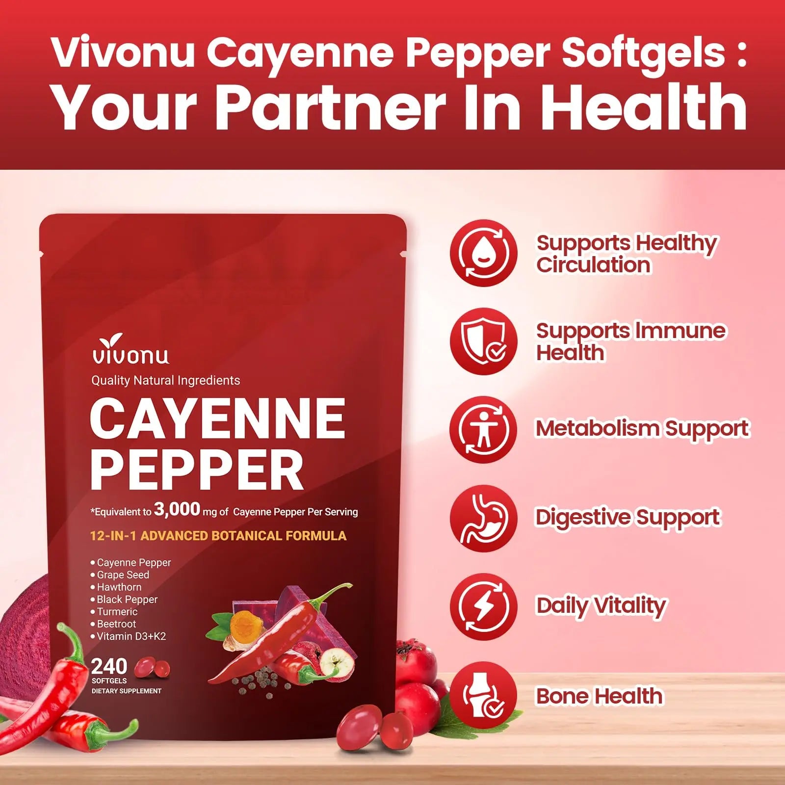 VivoNu Cayenne Pepper Softgels Supplement, Supports Leg Vein, Heart and Blood Vessel Health, with Vitamin E D3+K2 and Extracts of Grape Seed, Hawthorn, Beetroot, Berberine (Softgel / 1 Bag) VivoNu Au supplements