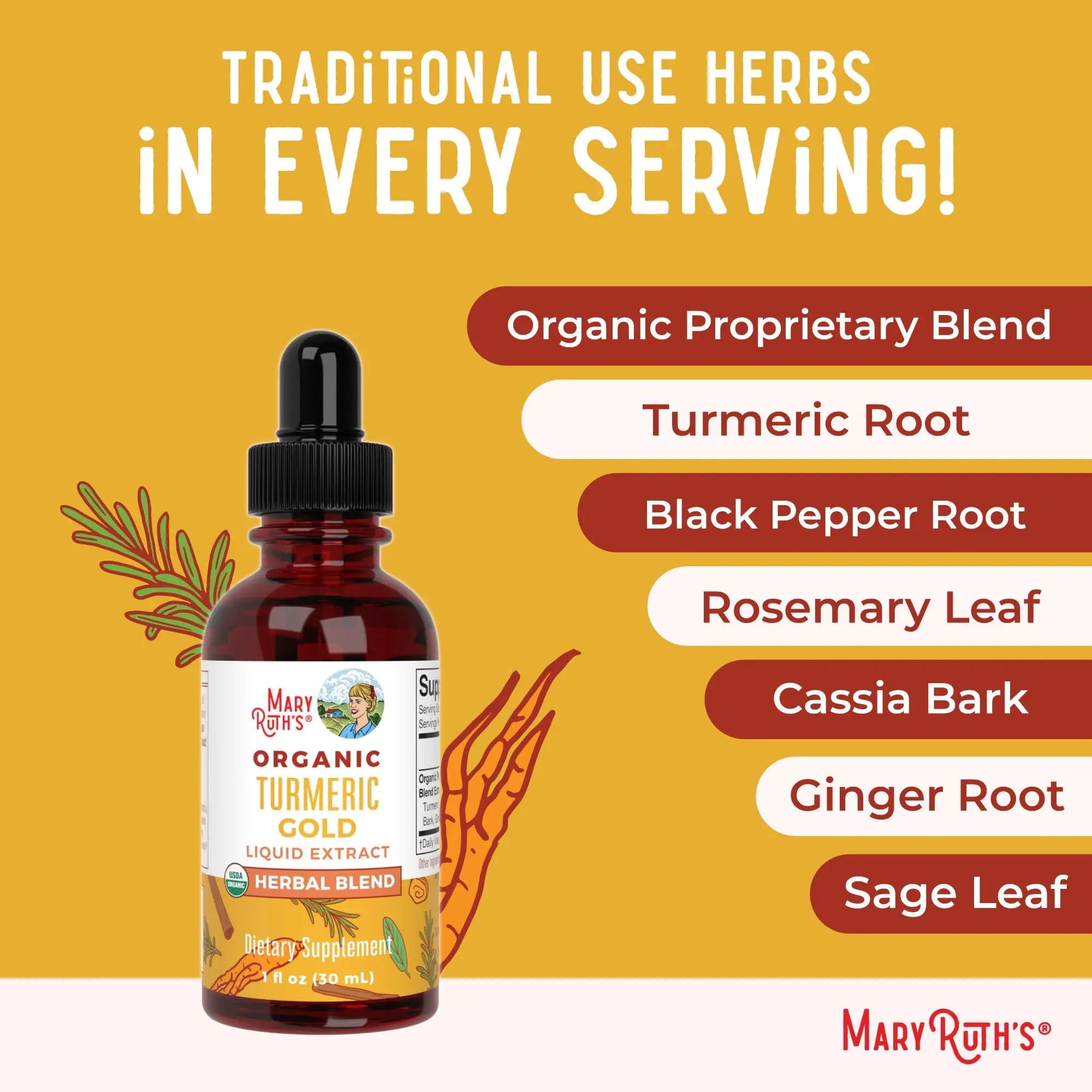 MaryRuth Organics USDA Turmeric Gold Liquid Drops | Herbal Blend | Turmeric Curcumin | Black Pepper | Cassia Cinnamon Bark | Ginger Root | Immune Support | Non-GMO Project Verified | Vegan | 1oz MARYRUTH'S Au supplements