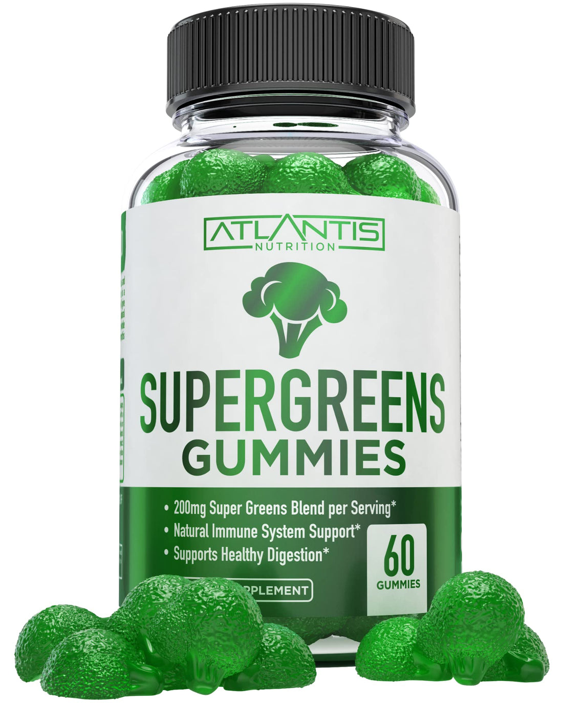 Atlantis Nutrition Supergreens Gummies - Daily Green Superfoods Supplement with Spinach, Broccoli, Moringa, Beet Root, Celery, Green Tea, & Acai for Immunity Support - Natural Raspberry Flavor, 60 cnt Atlantis Nutrition uk supplements