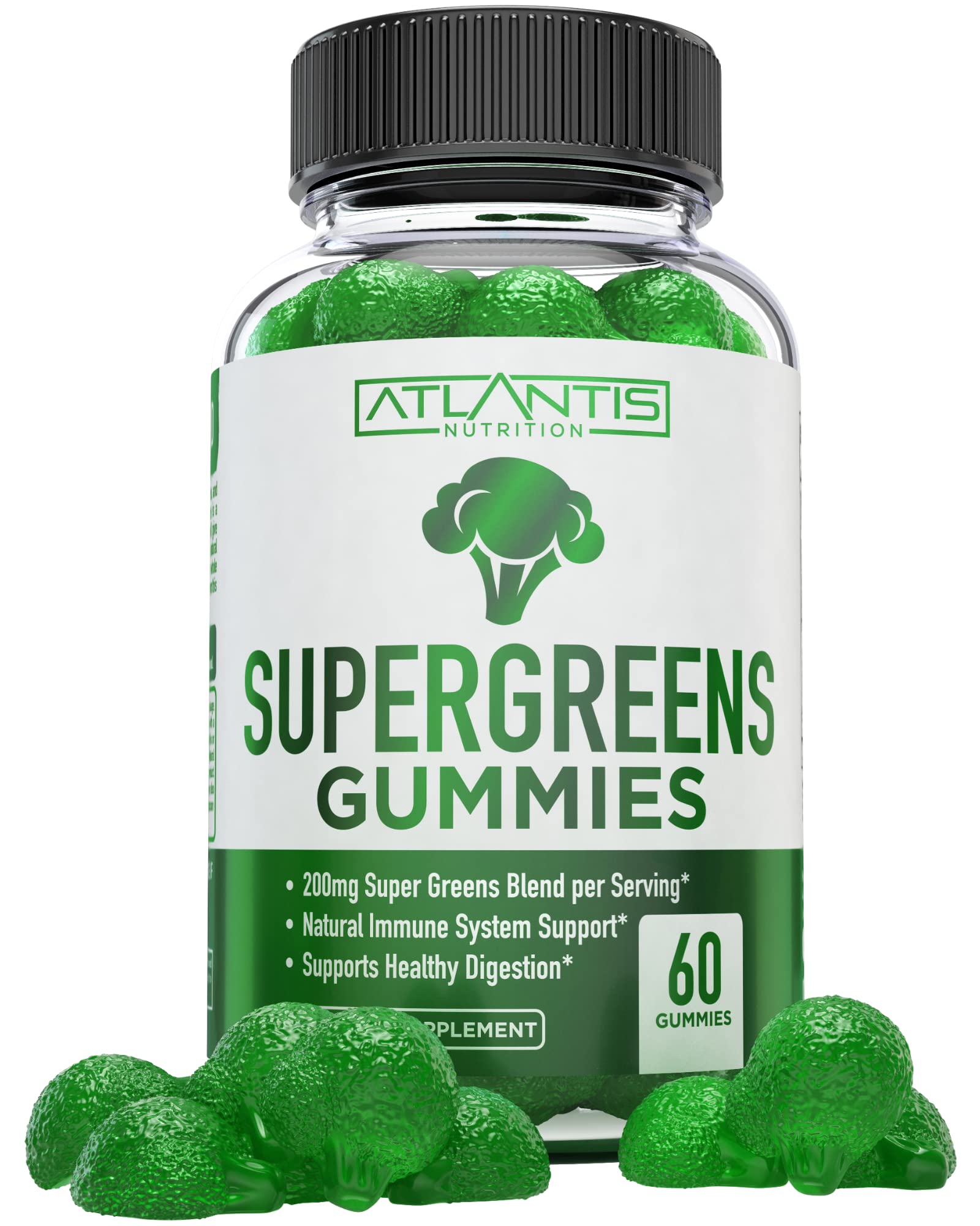 Atlantis Nutrition Supergreens Gummies - Daily Green Superfoods Supplement with Spinach, Broccoli, Moringa, Beet Root, Celery, Green Tea, & Acai for Immunity Support - Natural Raspberry Flavor, 60 cnt Atlantis Nutrition Au supplements