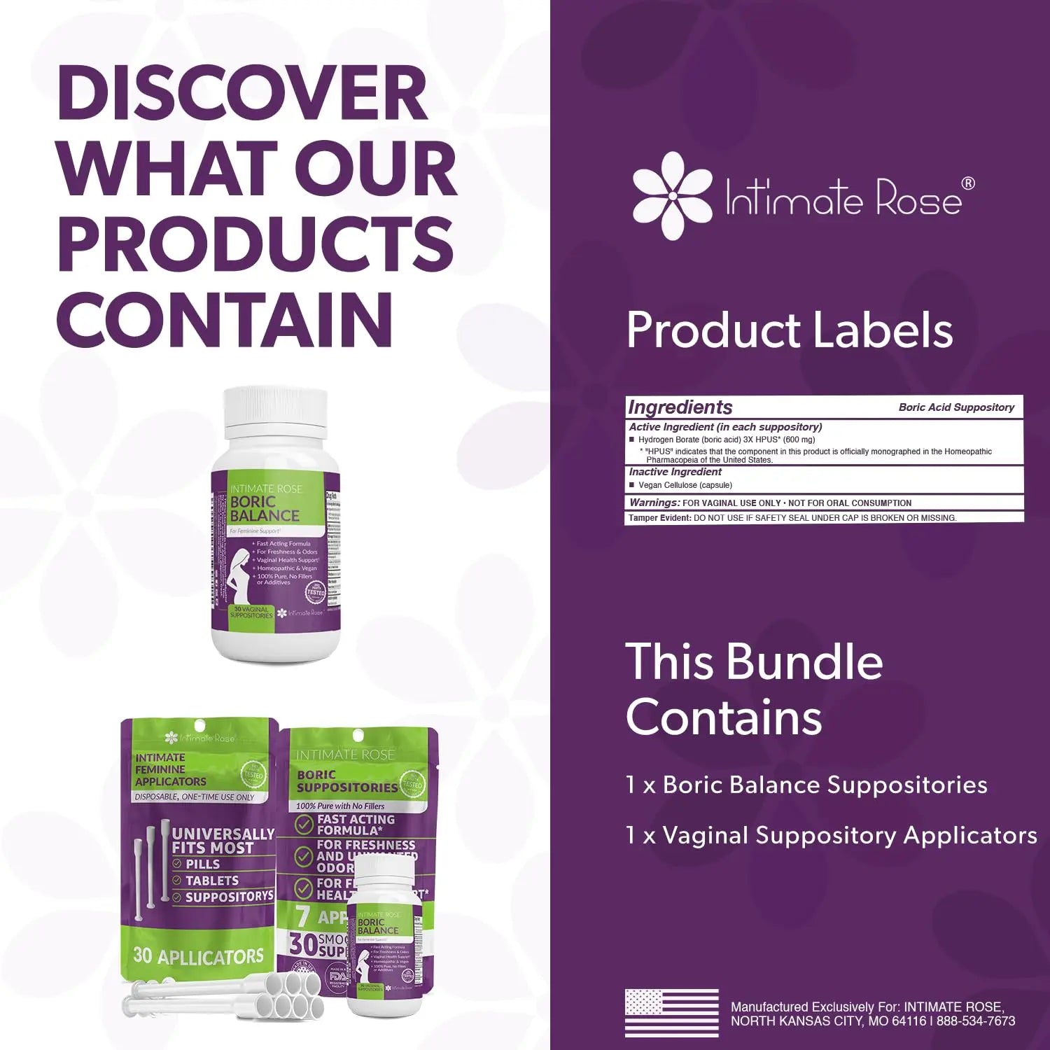 Intimate Rose Boric Acid Vaginal Suppositories - 30 Count (600mg) + 30 Applicators - Feminine Balance, Vaginal Odor, Promote Vaginal Health Intimate Rose Au supplements
