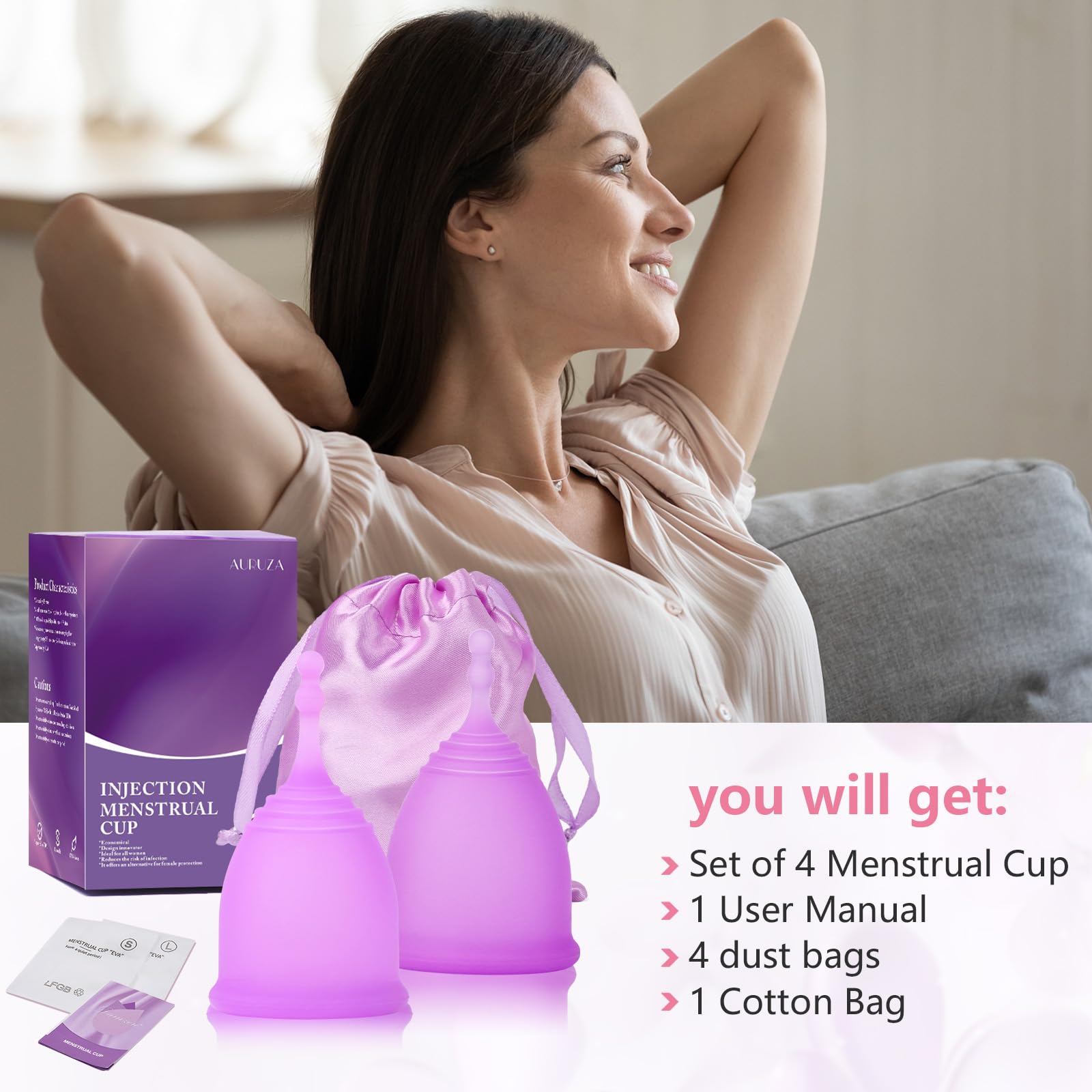 AURUZA Menstrual Cups, Set of 2 Reusable Period Cups Kit for Girls & Women, Silicone Soft Cups AURUZA Au supplements