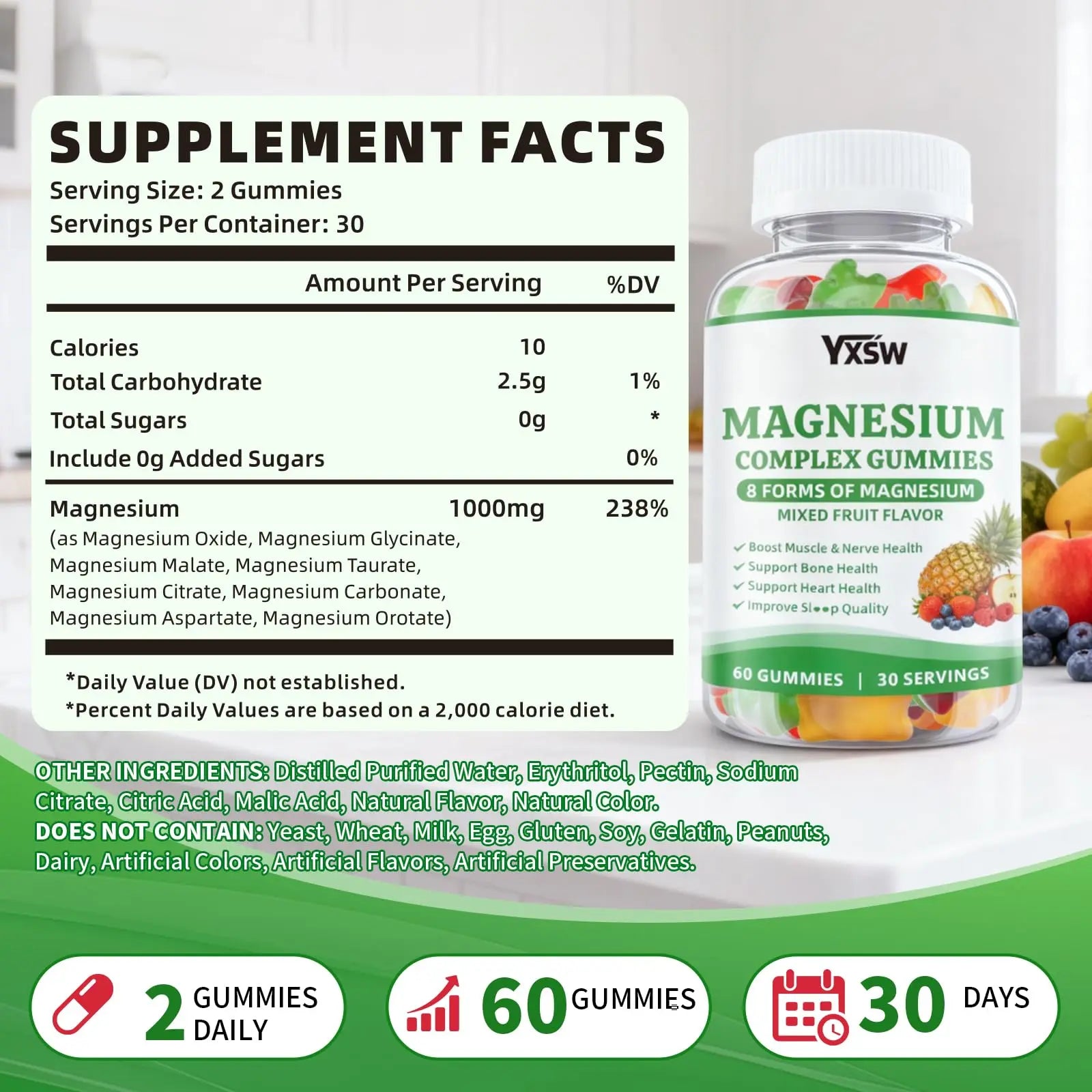 Magnesium Complex Gummies 8 Elemental 1000mg - Magnesium Glycinate, Citrate, Malate, Taurate, Supports Bones, Muscle, Nerve Health, for Women & Men, Vegan Non-GMO, Mixed Flavors, 60 Count YXSW Au supplements