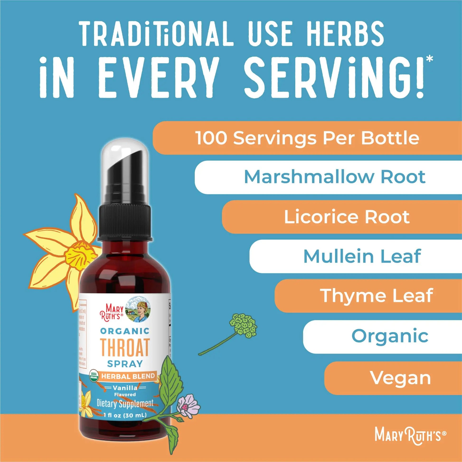 MaryRuth Organics USDA Organic Throat Spray with Mullein Leaf | Marshmallow Root & Licorice Root & Thyme Leaf | Vanilla | 4 Herbal Blend | Non-GMO | Vegan | Gluten Free | 1 Fl Oz | Up to 100 Servings MARYRUTH'S Au supplements