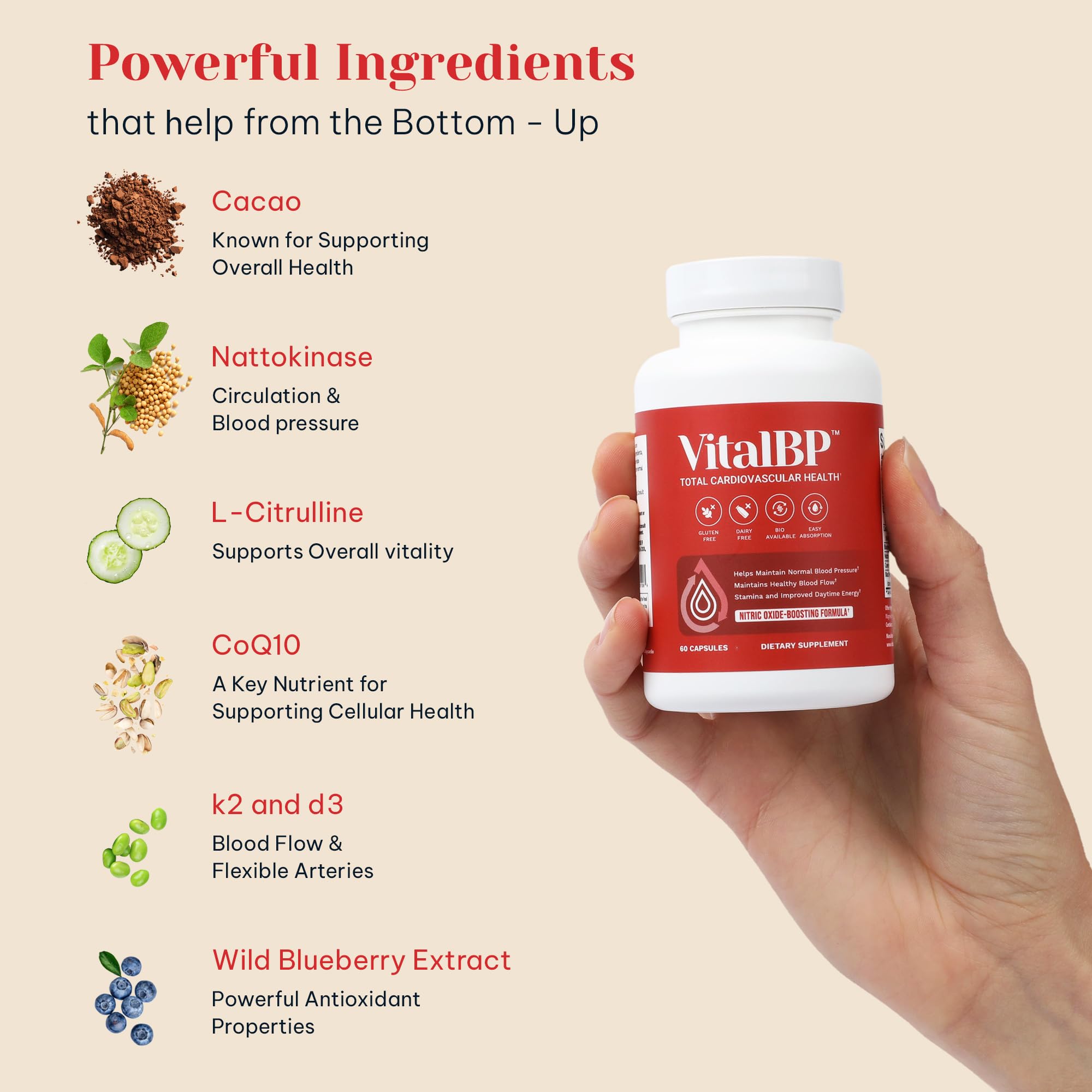 Vital BP - Support for Normal Blood Pressure - Supports Blood Flow & Arteries - with CoQ10, L-Citrulline, and K2 & D3-60 Capsules VitalBP Au supplements