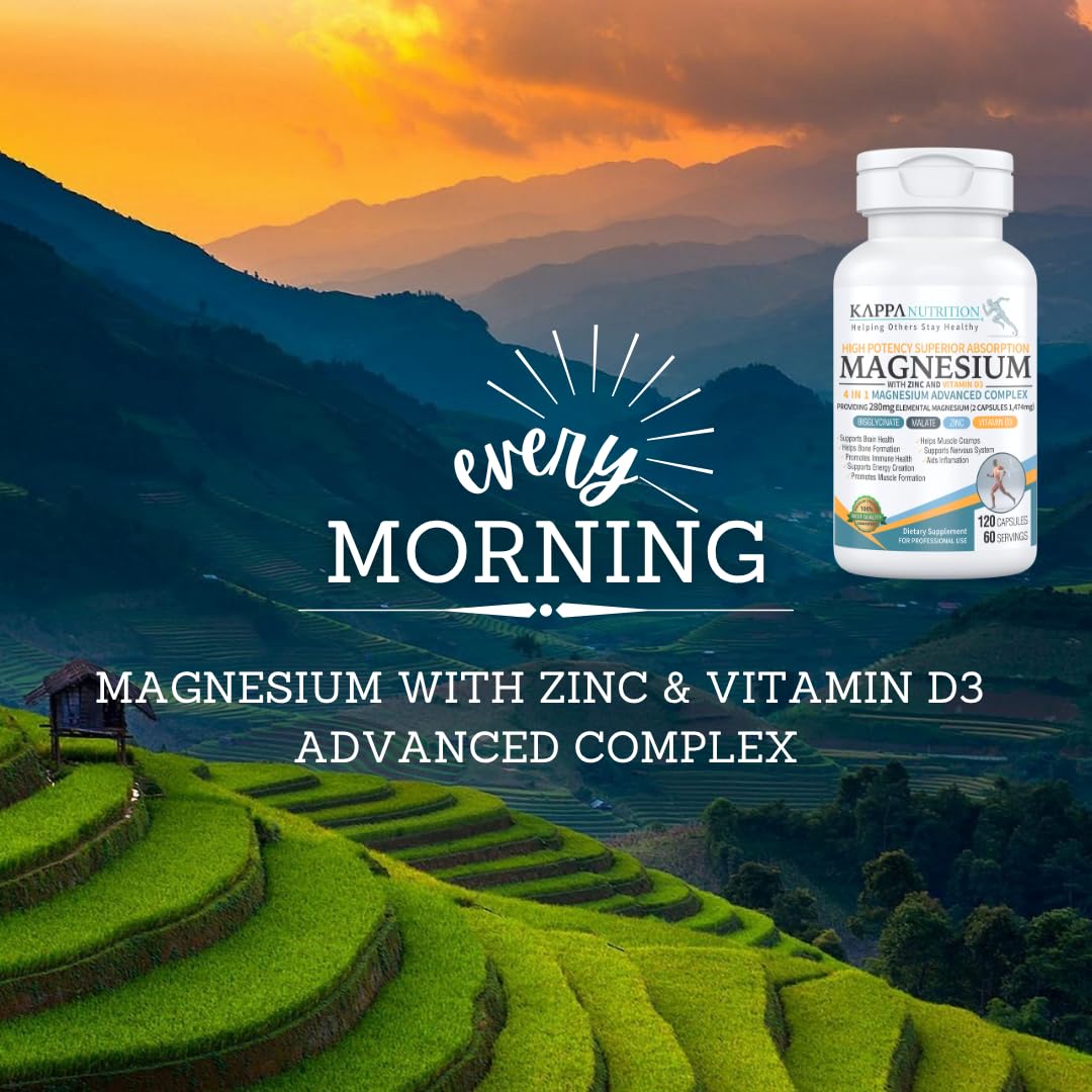 Kappa Nutrition Magnesium 4-in-1, 280mg Elemental Magnesium (Bisglycinate, Malate) + Zinc & Vitamin D3, Brain, Sleep, Energy, Muscle, Immune Support, 120 Vegan Capsules. KAPPA NUTRITION Au supplements