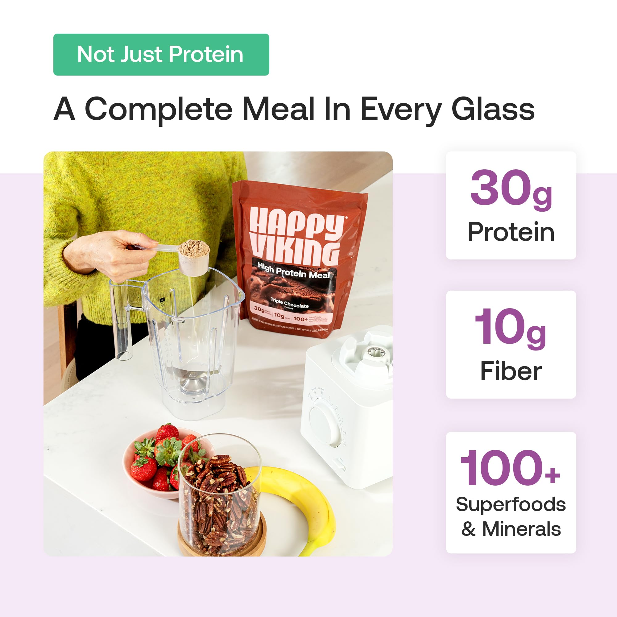 Happy Viking Plant-Based Protein Powder +100 Superfoods Chocolate Meal Replacement Shake, Created by Venus Williams, 30g Plant Protein, 10g Fiber, Vegan, Gluten-Free, Non-GMO,15 Meals