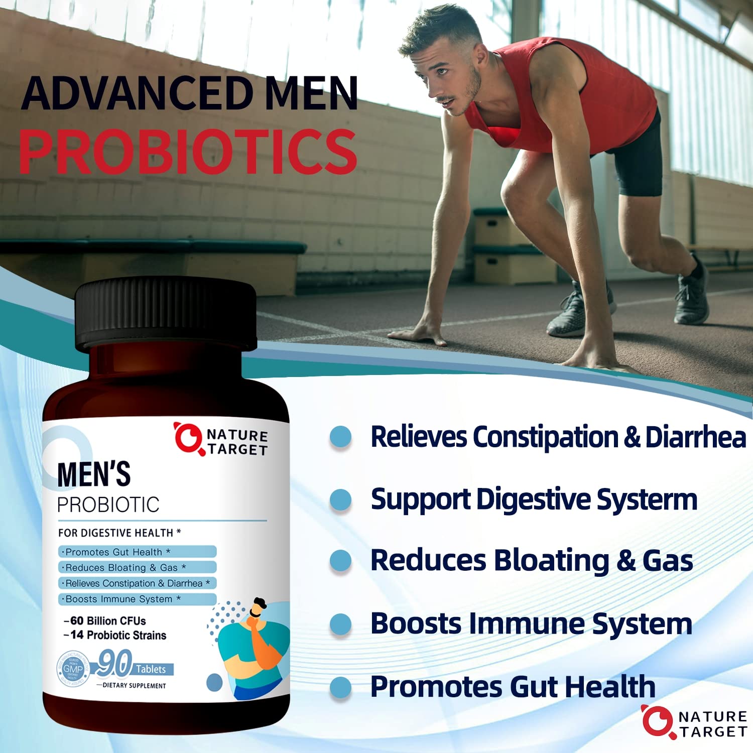 NATURE TARGET Probiotics for Men with Men Care Supplement, Prebiotics & Probiotic for Men's Digestive and Immune Health,60 Billion CFUs & 14 Strains Shelf Stable, Gluten & Soy Free (90 Tablets) NATURE TARGET Au supplements
