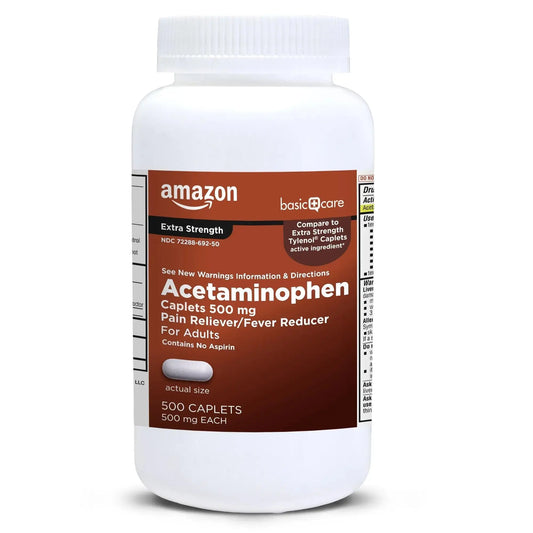 Amazon Basic Care Extra Strength Pain Relief, Acetaminophen Caplets, 500 mg, Pain Reliever/Fever Reducer, 500 Count Amazon Basic CareAu supplements