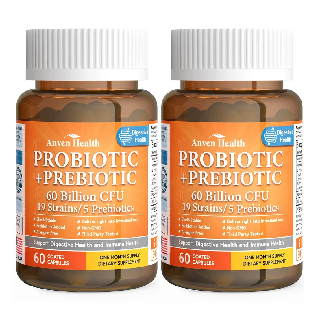 Anven Health 60 Billion Probiotics for Women and Men 19 Strains 5 Organic Prebiotics for Gut Digestive & Immune Health, Supports Diarrhea Gas Bloating, Vegan Probiotic Supplement Formula丨120 Caps Anven Health uk supplements