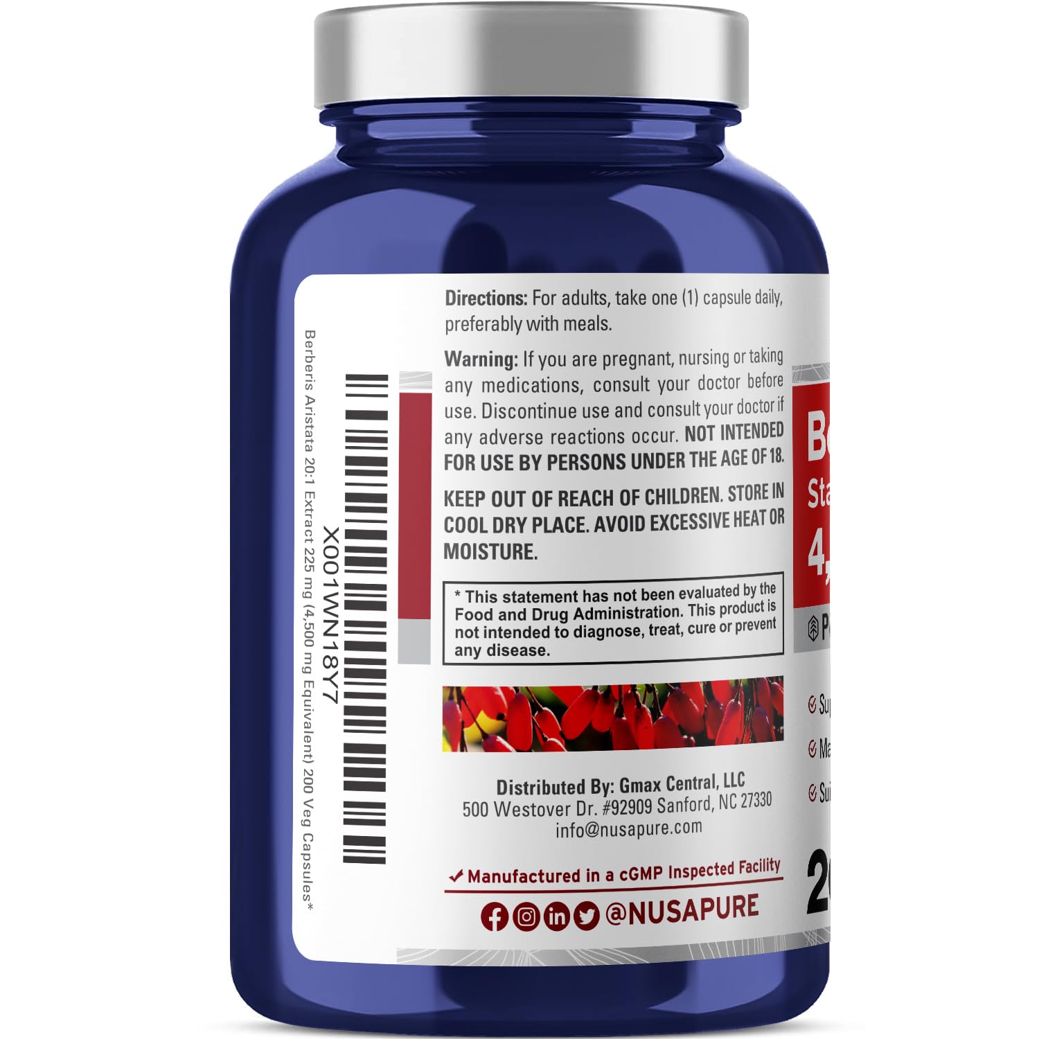 NusaPure Berberine HCI 4500 mg - 200 Veggie Caps - 6 Months Supply - (100% Vegetarian NusaPure Au supplements