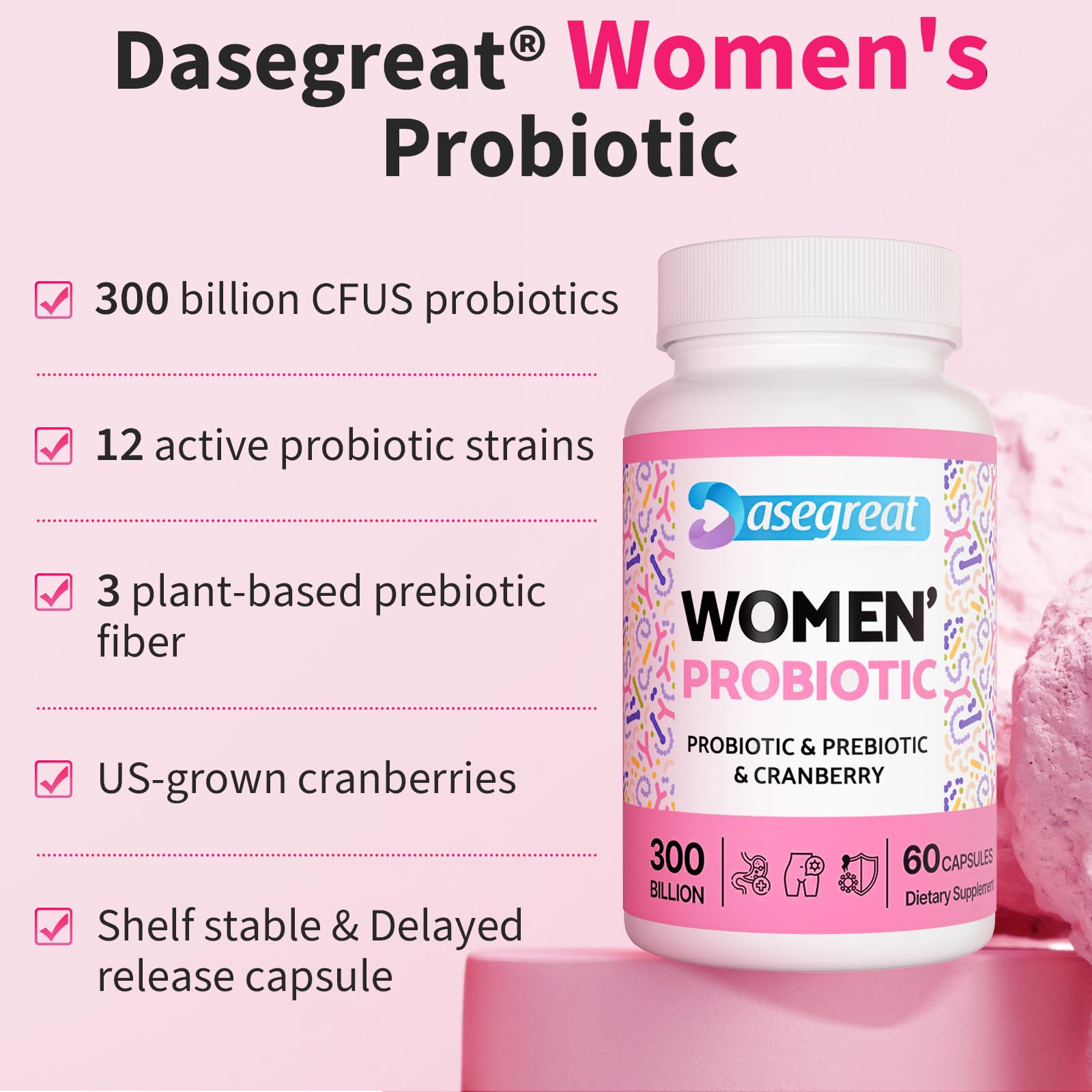 300 Billion CFUs Probiotics for Women,12 Strains Probiotics with Prebiotic Cranberry Heafetine Au supplements