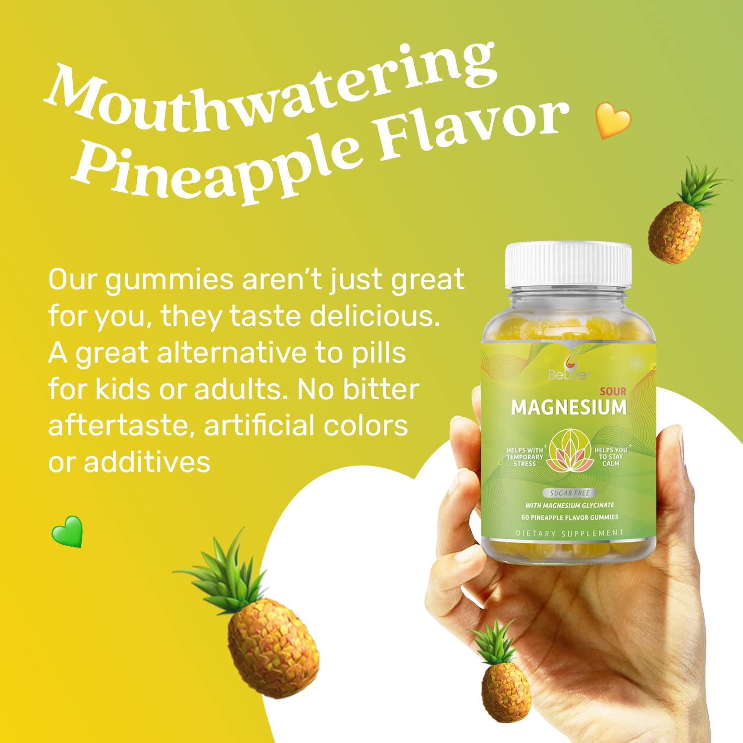 BeLive Magnesium Gummies 200mg - 60 Ct | Magnesium Glycinate Supplements for Relaxation, Stress Relief, and Sleep for Adults & Kids - Tasty and Tangy Pineapple Flavor BeLive Au supplements