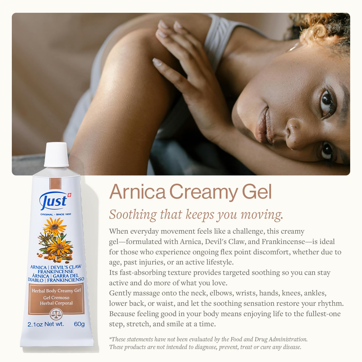 Swiss Just Arnica Gel, Arnica Creamy Gel 60g. Arnica Cream w/Devils Claw & Frankincense Oil. A Gentle Massage Cream on Wrists, Fingers, Knees, Ankles, Joints, Waist, Neck, and Back. SwissJust Au supplements