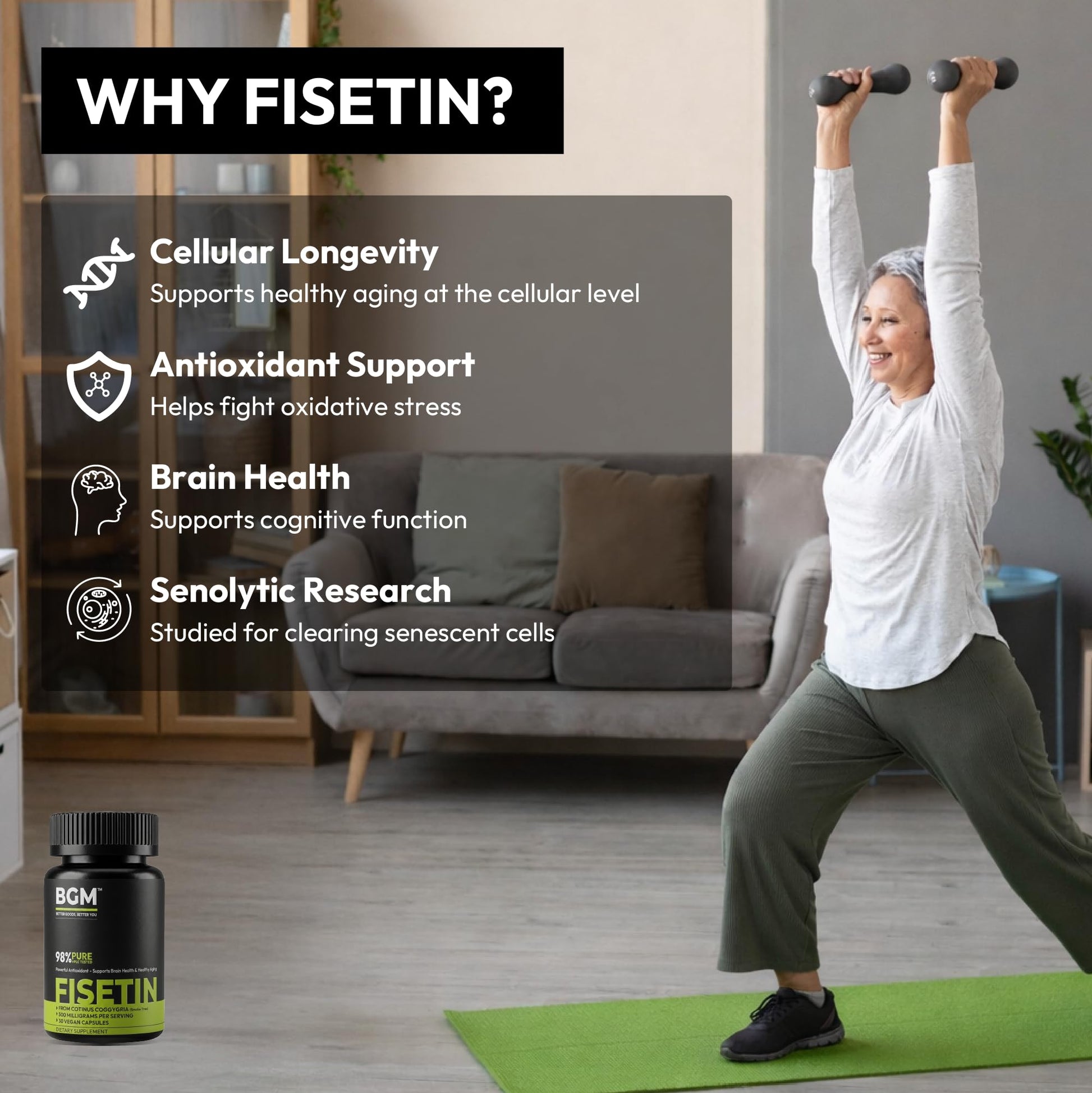 BGM Fisetin 500mg Supplement | Smoke Tree Extract (Cotinus coggygria) | 98% Pure Senolytic Antioxidant | Vegan Capsules | Supports Brain Health & Healthy Aging BGM Better Goods, Better You Au supplements