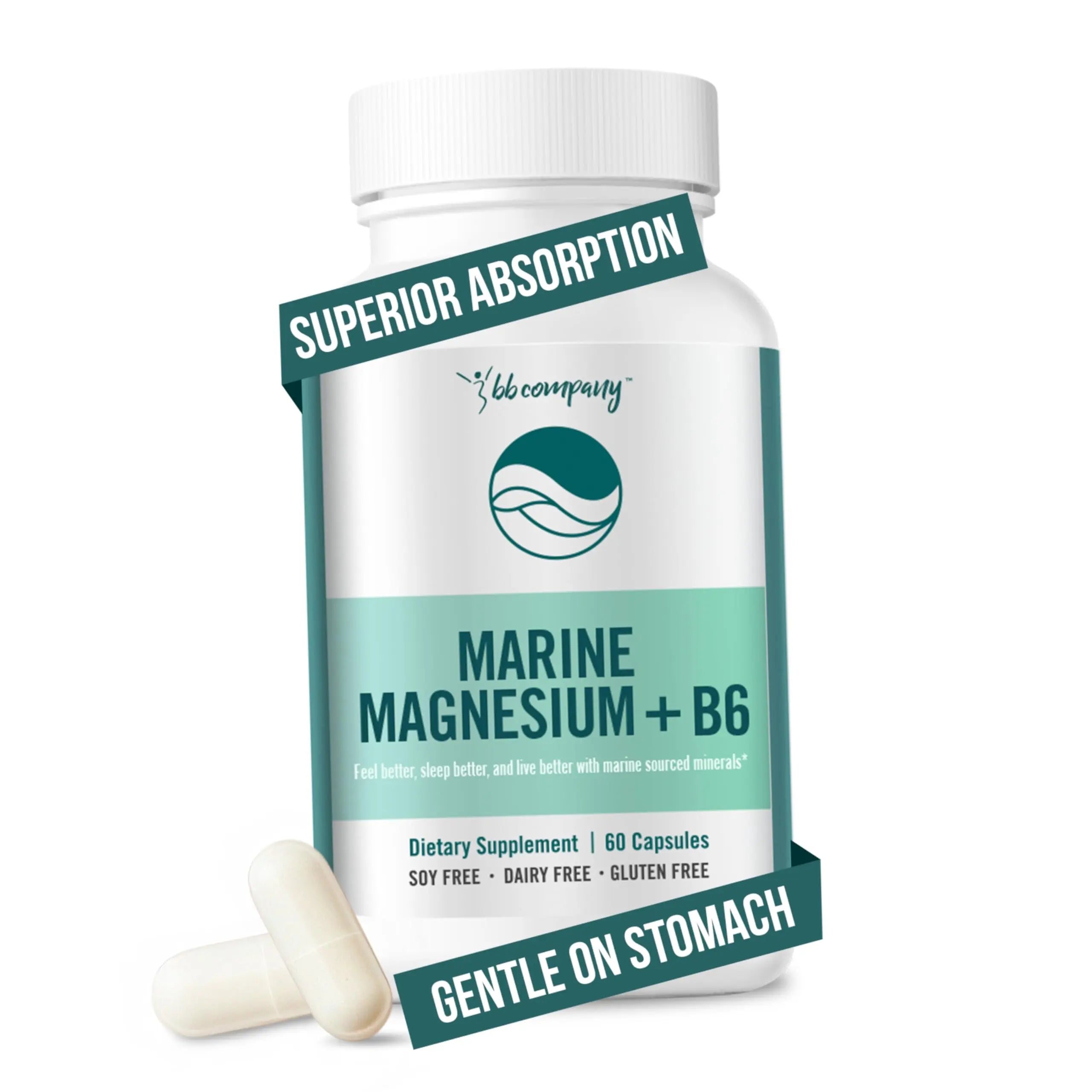 Ocean Magnesium 200mg Aquamin | More Soluble Than Magnesium Glycinate | Whole Food Mag B6 Supplement for Women | Gentle on Stomach & Vegan | Sleep Support, Calms Nerves & Leg Cramps | 60 Ct BB Company Au supplements