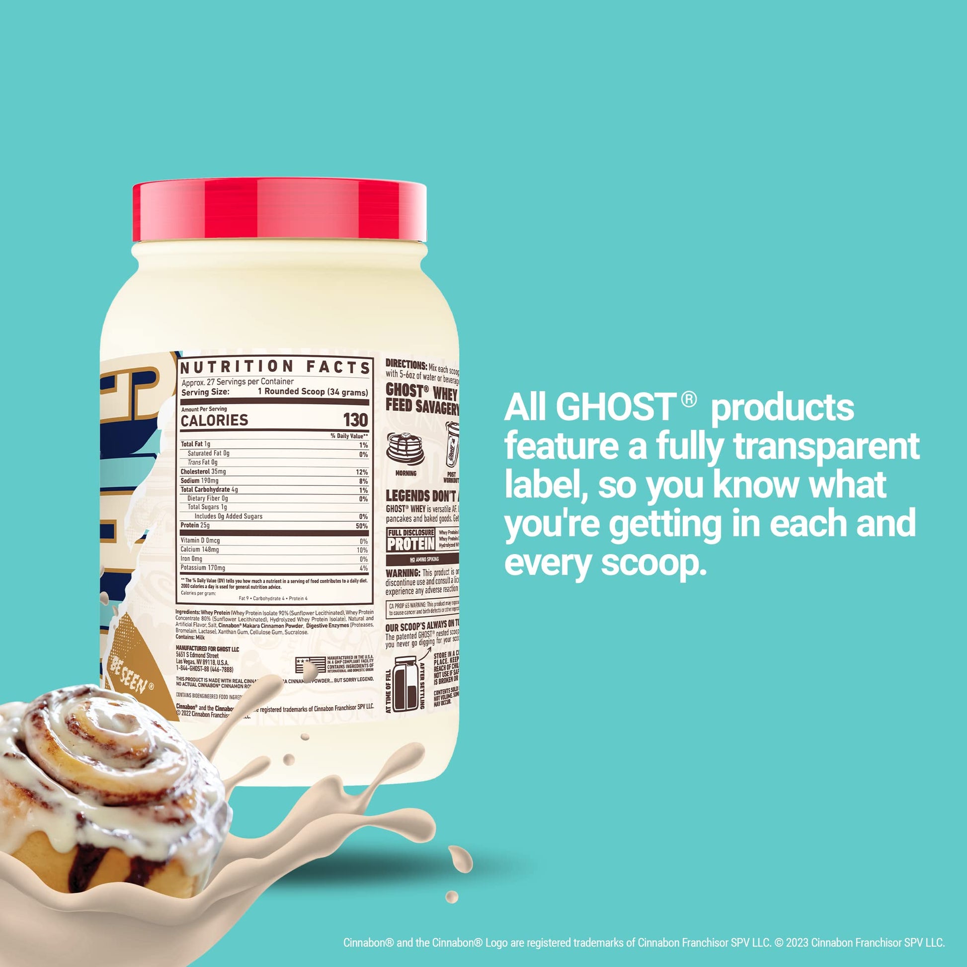 GHOST Whey Protein Powder, Cinnabon - 2LB Tub, 25G of Protein - Cinnamon Roll Flavore GHOST Au supplements