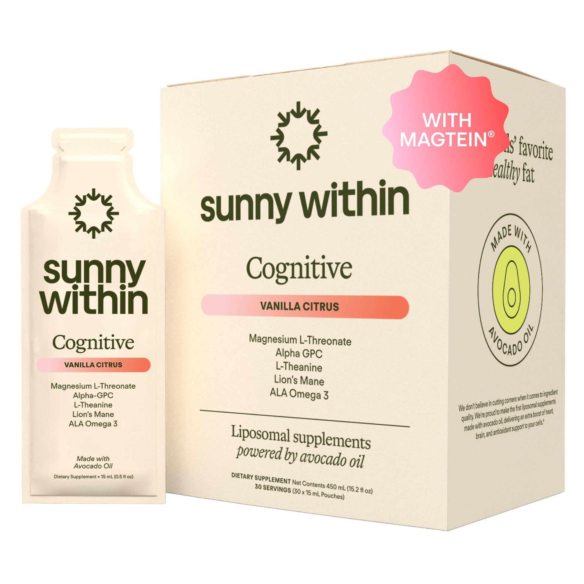 Sunny Within - Brain Health Supplement - Magnesium L-Threonate from Magtein®, Lion’s Mane, Alpha GPC, L-Theanine, ALA & Avocado Oil - Focus, Mood & Memory Support* - 30 Daily Vegan Pouches Sunny Within Au supplements