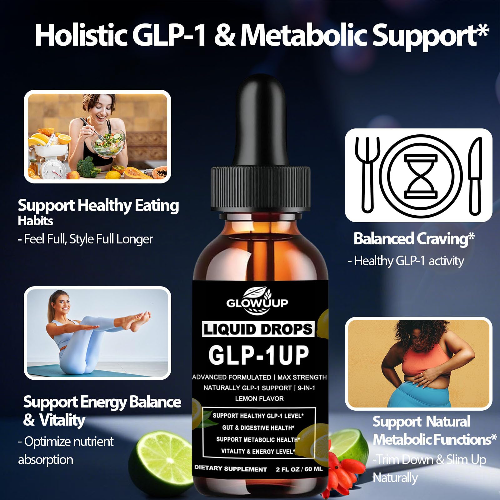 GLP-1 Supplement for Women & Men, 9-in-1 Naturally GLP-1 Support w. Berberine HCI Cyelon Cinnamon Green Tea Eriocitrin, GLP1 for Gut Digestion Metabolic, GLP-1 Drops 6X Stronger Than Capsules GLOVVUUP Au supplements