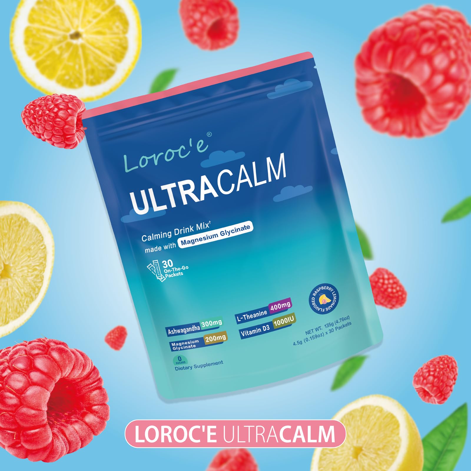 UltraCalm Super Cortisol Drink with Magnesium Glycinate, Ashwagandha, L-Theanine, Vitamin D3, Magnesium Powder for Sleep & Stress Relief, Raspberry Lemonade (30 Servings) Loroc'e Au supplements