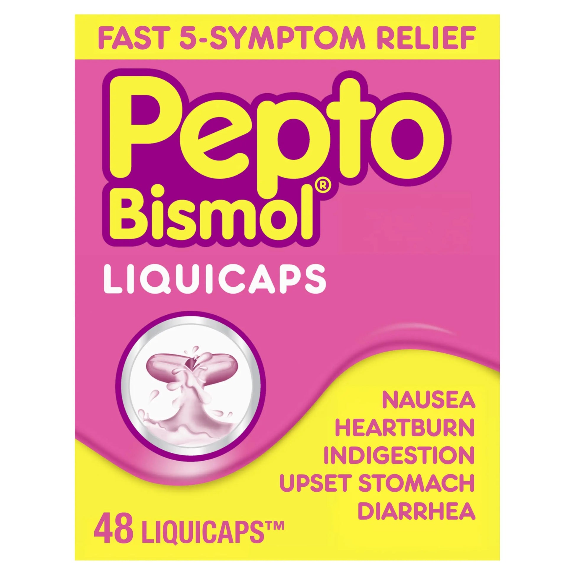 Pepto Bismol Liquicaps, Upset Stomach Relief, Nausea Relief, Heartburn Relief, Indigestion Relief, Anti Diarrhea Medication for Adults - 5 Symptom Fast Relief, No Flavor, 48 ct Pepto Bismol Au supplements