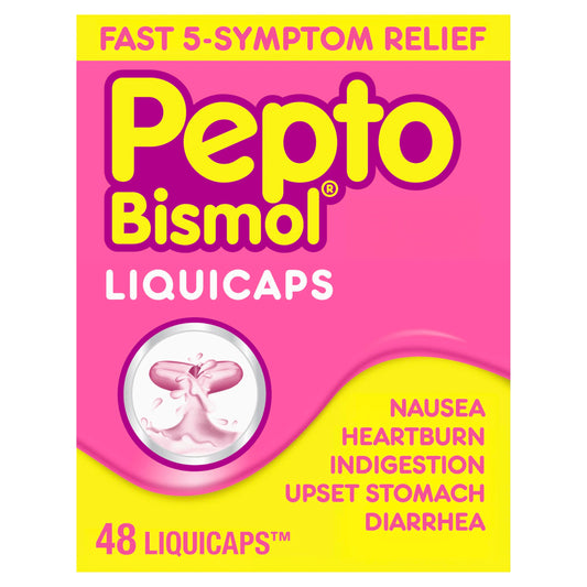 Pepto Bismol Liquicaps, Upset Stomach Relief, Nausea Relief, Heartburn Relief, Indigestion Relief, Anti Diarrhea Medication for Adults - 5 Symptom Fast Relief, No Flavor, 48 ct Pepto BismolAu supplements