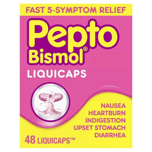 Pepto-Bismol Liquicaps packaging with pink and yellow design on a white background