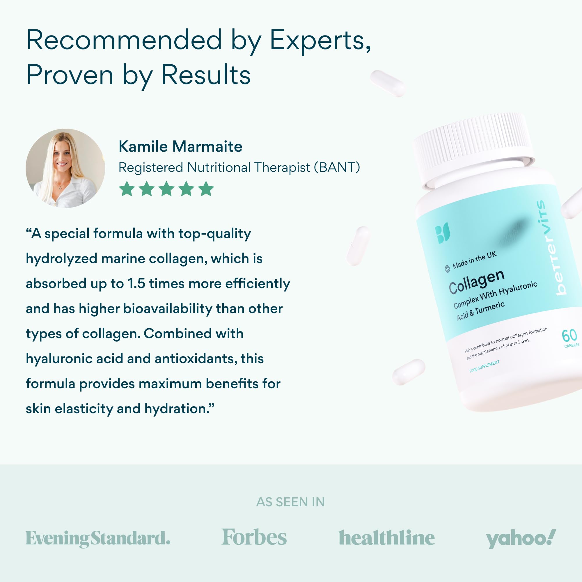 Bettervits Collagen Peptides Complex with Hyaluronic Acid & Turmeric | Hydrolyzed Marine Collagen Supplements for Women & Men | Collagen with Vitamin C for Skin, Hair, Nails & Joints – 60 Capsules Bettervits Au supplements