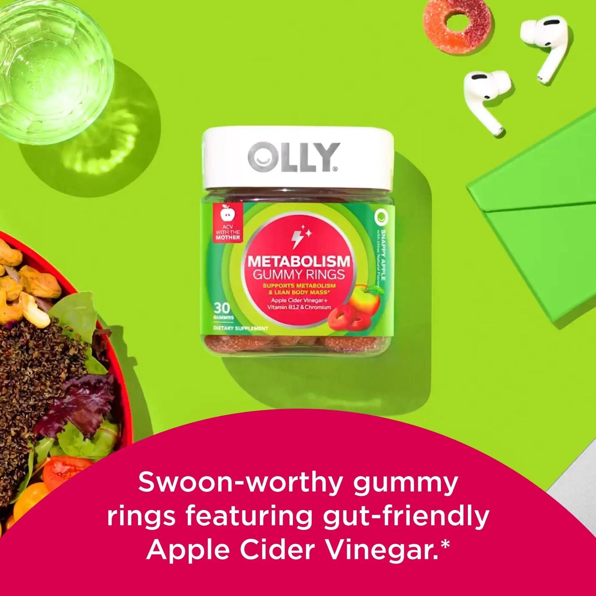 OLLY Multi + Probiotic Adult Multivitamin Gummy, 1 Billion CFUs, Digestive and Immune Support & Metabolism Gummy Rings, Apple Cider Vinegar, Vitamin B12, Chromium, Energy and Digestive Health OLLY Au supplements