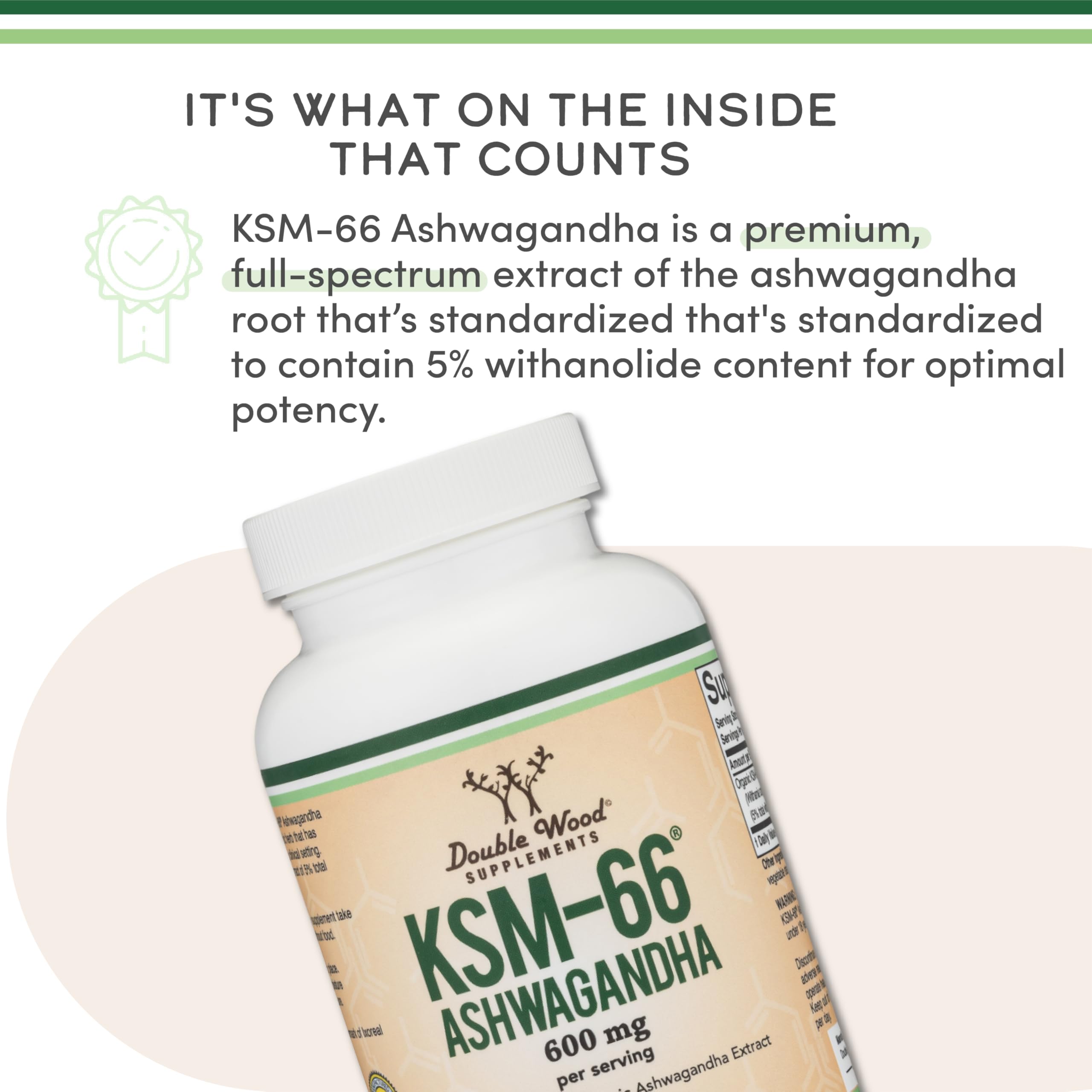 Double Wood Supplements Ashwagandha KSM 66 Organic and Clinically Studied Extract (600mg Per Serving, 120 Capsules, 60 Servings) Adaptogen Cortisol Manager for Women and Men Double Wood Supplements Au supplements