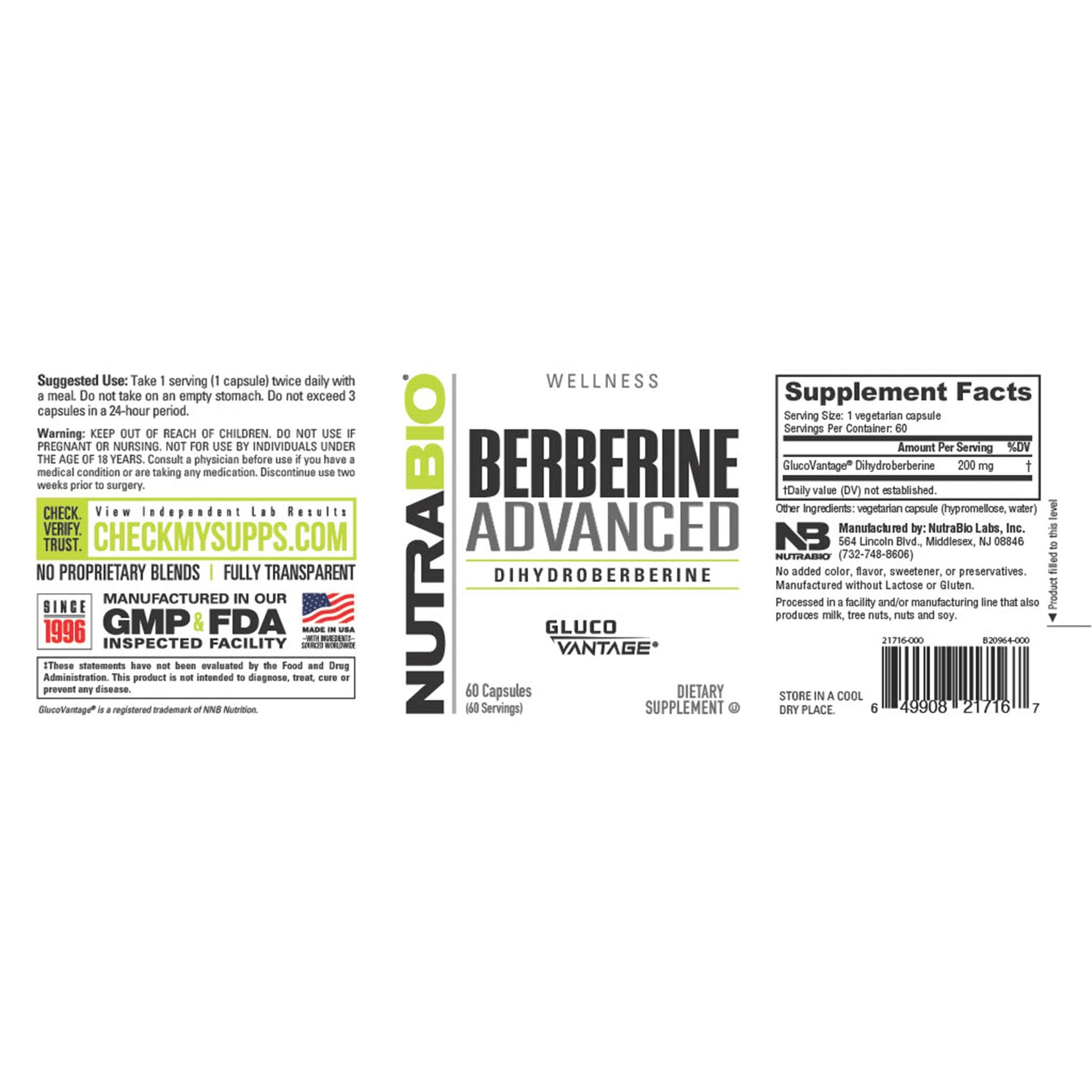 NutraBio Berberine Advanced Supplement (Dihydroberberine), 200 mg - Provides Advanced Absorption Carbohydrate Tolerance Support, 60 Caps NutraBio Au supplements