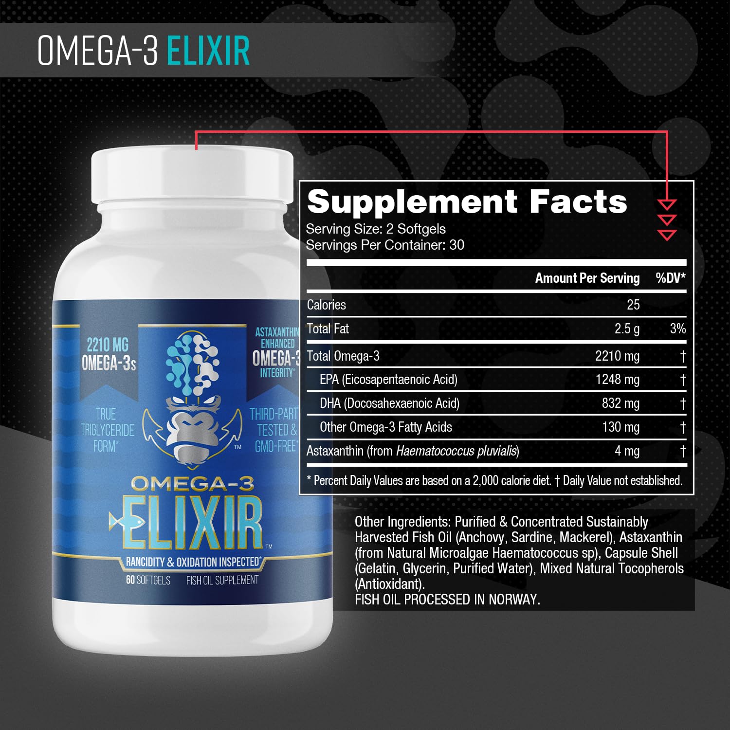 Gorilla Mind Omega-3 Elixir™ | 2210mg Fish Oil Re-Esterified Triglyceride Form | EPA, DHA + 2 Fatty Acids | Astaxanthin Infusion for Bolstered Integrity | 3rd Party & Rancidity Tested | 60 Softgels Gorilla Mind Au supplements