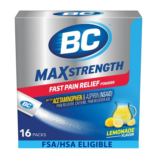 BC Max Strength Headache Relief Powder, Triple-Action Formula with Acetaminophen, Aspirin & Caffeine Eases Aches & Pains, Lemonade Flavor, 16 Count BCAU supplements