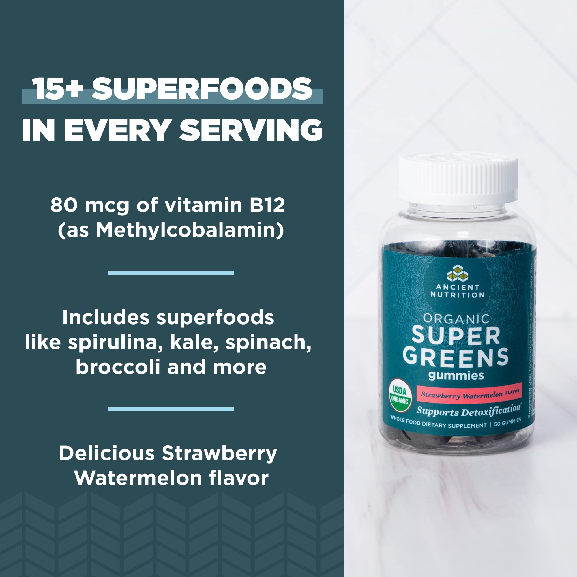 Ancient Nutrition Supergreens Gummy, Organic Superfood Gummy Made from Real Fruits, Vegetables and Herbs, for Digestive and Energy Support, 100 Count, Strawberry Watermelon Ancient Nutrition Au supplements