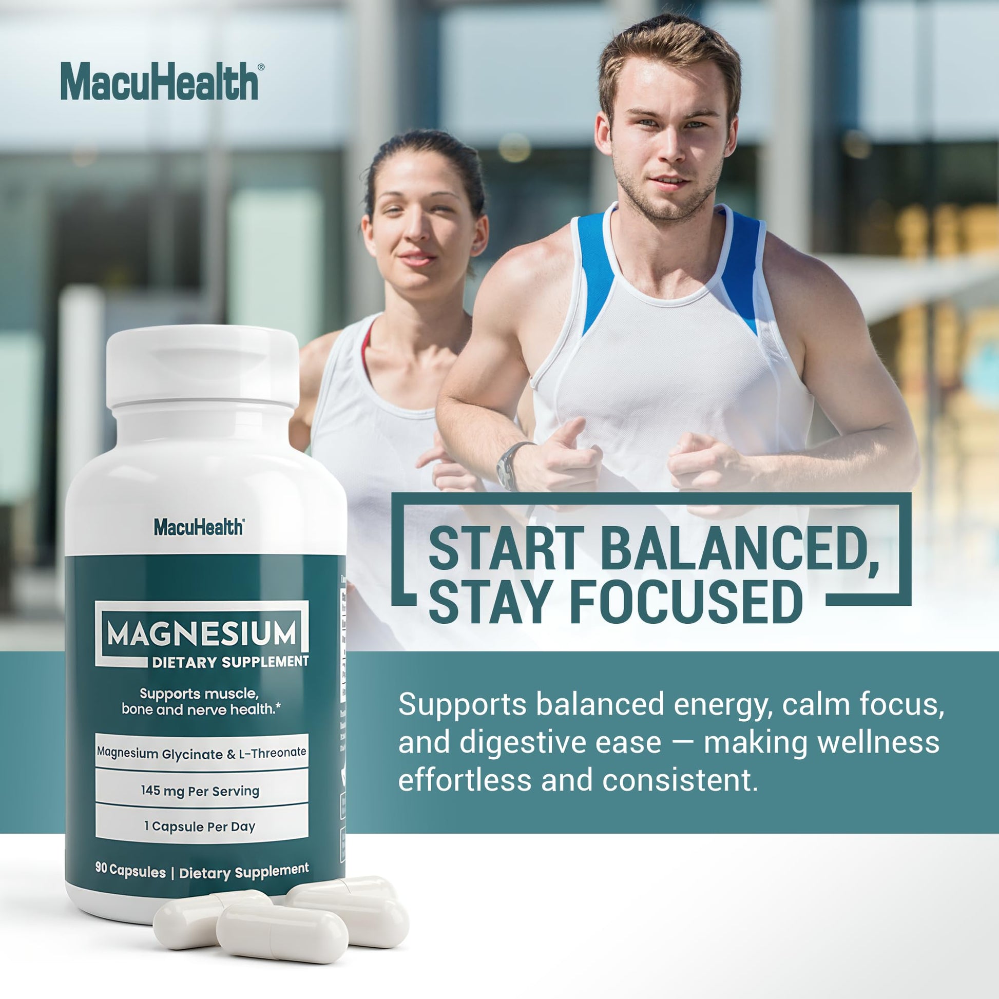 MacuHealth Magnesium Glycinate & L-Threonate 145mg - 90 Capsules - Highly Absorbable Magnesium for Energy, Calm & Focus - Gentle on Stomach, Vegan, Non-GMO - Premium Chelated Magnesium Supplement Macuhealth Au supplements