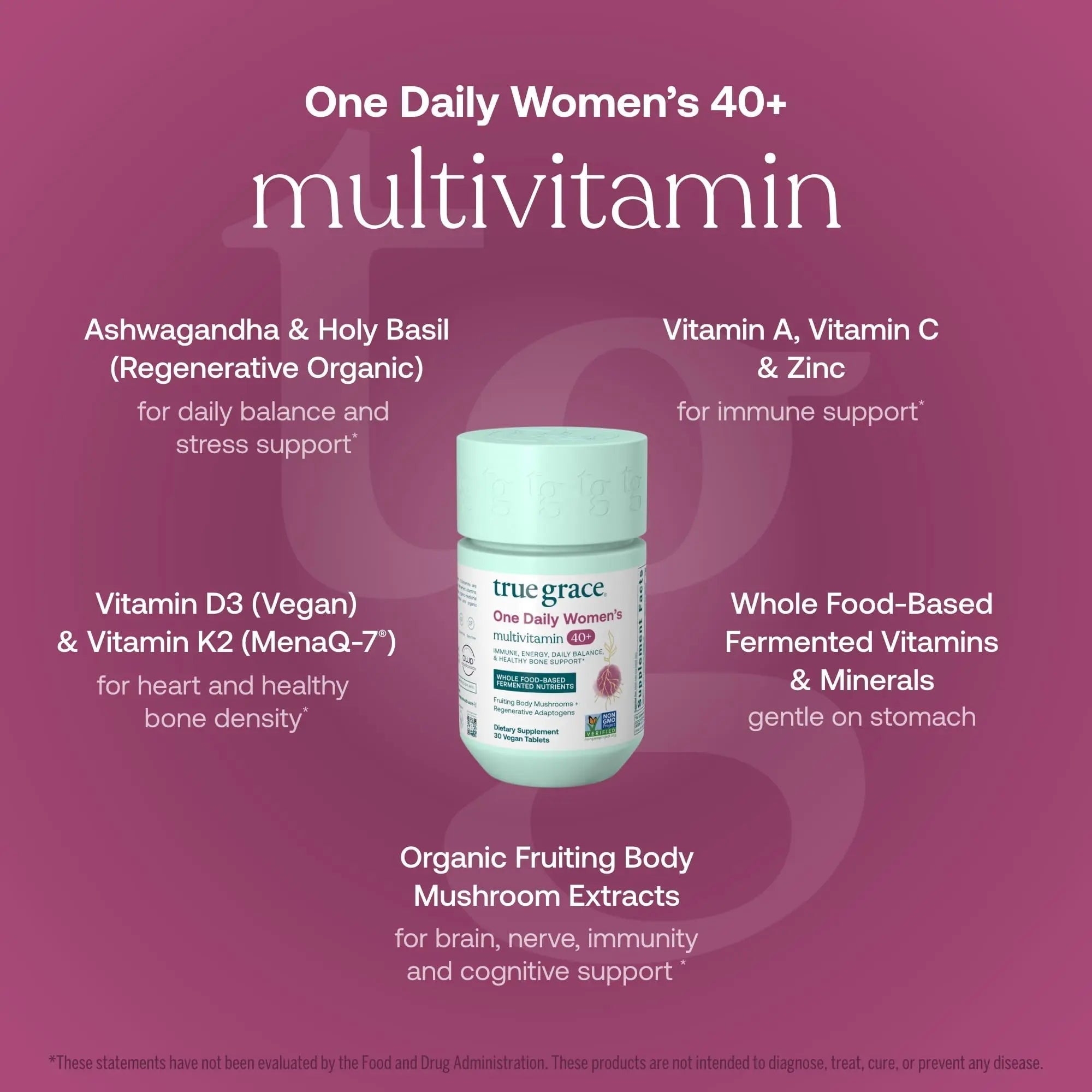 True Grace One Daily Women’s Multivitamin 40+ Fermented Minerals, Organic Adaptogens & Mushrooms Energy, Immune, Bone Support True Grace Au supplements