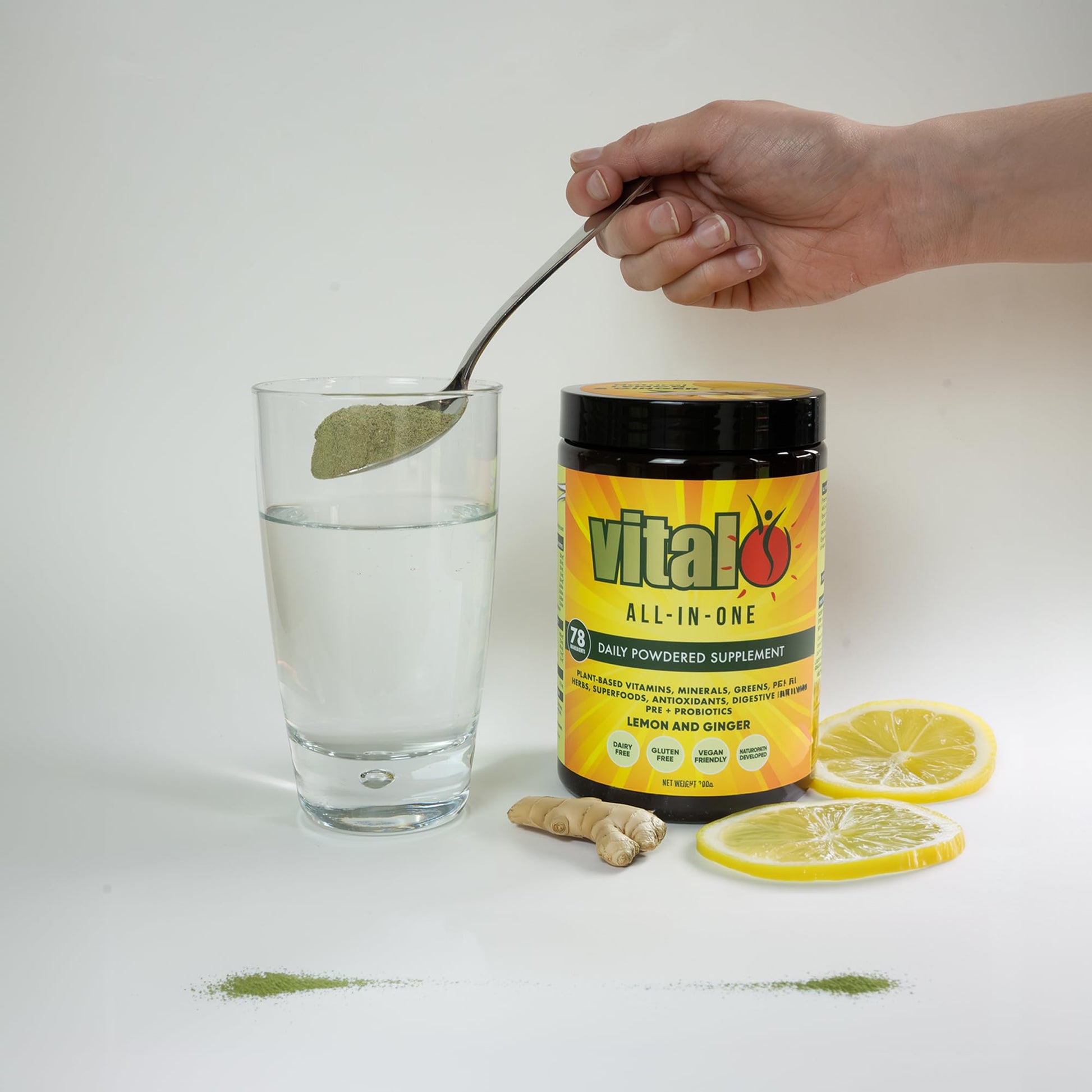 Vital All-in-One Daily Powdered Supplement - Natural Greens Superfood Powder for Energy & Health, Super Greens Powder Drink Mix with Probiotic & Antioxidant Support - Lemon & Ginger, 4.23 oz (120 g) Vital Au supplements