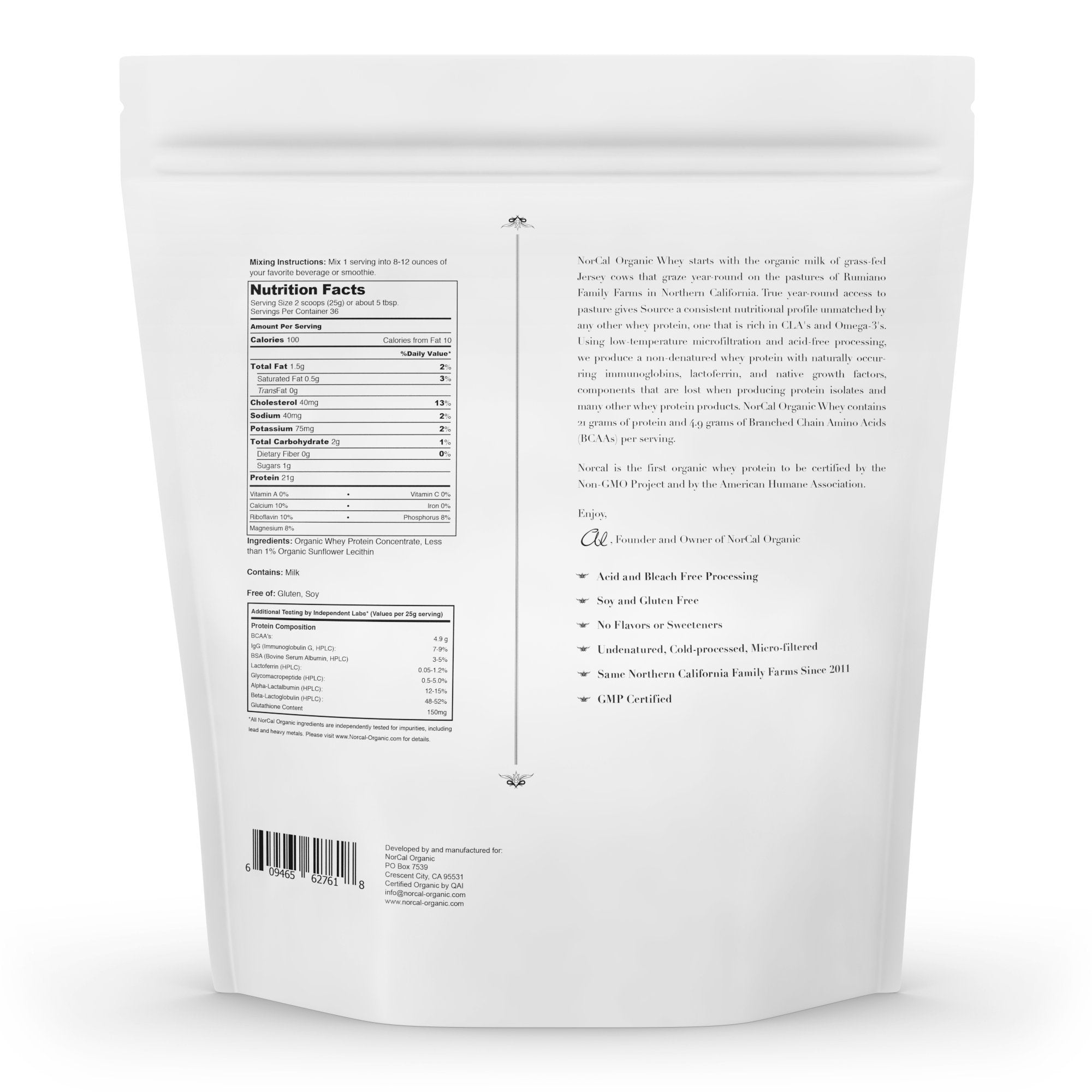 NorCal Organic Unflavored Whey Protein - 2lbs Bulk | 100% Grass-Fed, USDA Certified NorCal Organic Au supplements