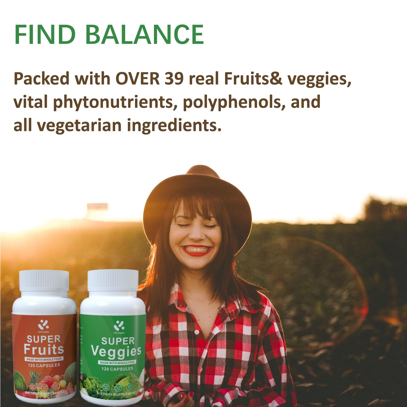 Lite Supply Fruits and Veggies Supplement 240 Caps - 120 Fruit and 120 Veggie Capsules - Whole Food & Natural Superfood Filled with Vitamins & Minerals for Women, Men Supports Energy Levels Lite Supply Au supplements