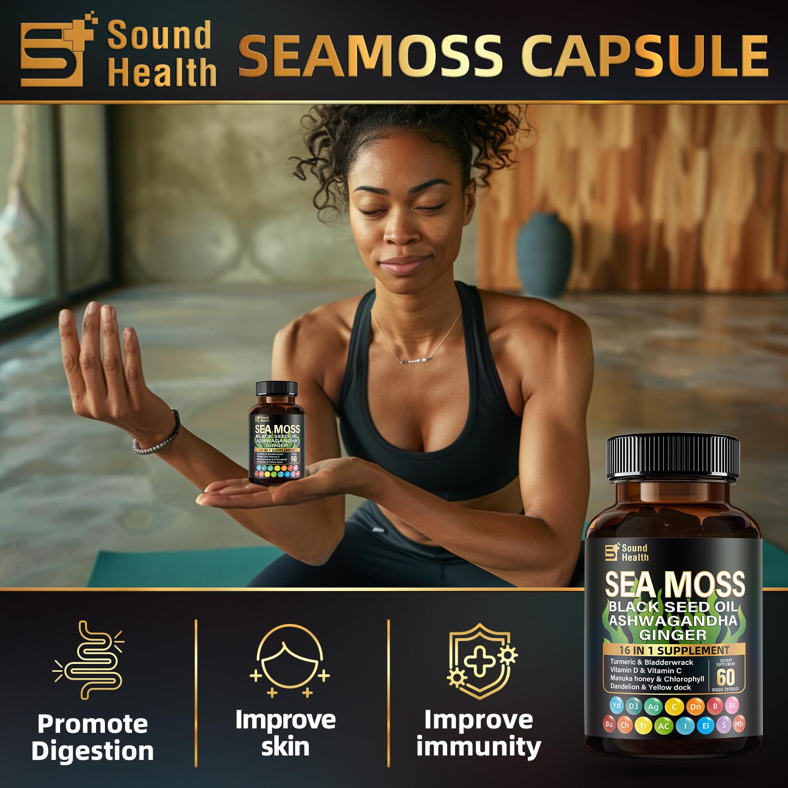 Sea Moss Capsules with Ashwagandha, Turmeric, Bladderwrack, Vitamins C & D for Natural Energy, Sleep Support & Hair Growth, 1200mg Herbal Blend, for Man & Women, Third-Party Tested，16-in-1 Supplement SoundHealth Au supplements