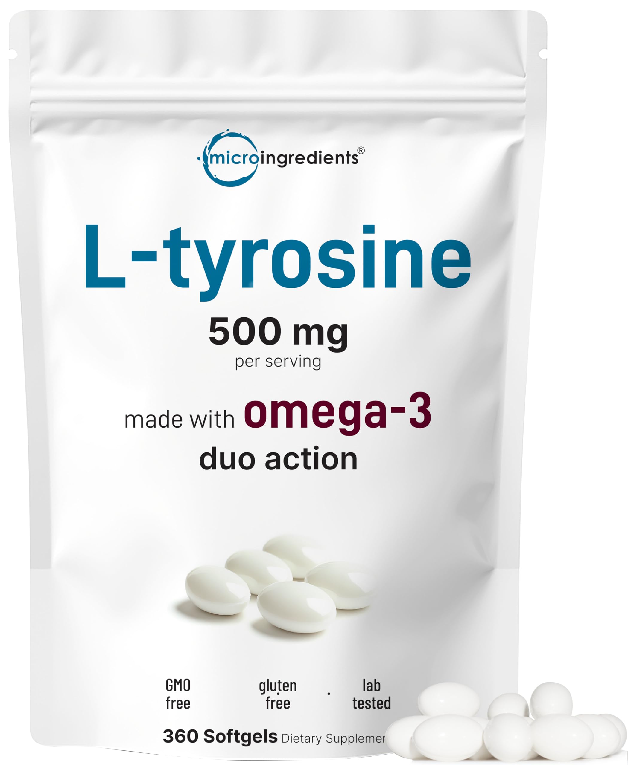 L Tyrosine Supplement 500mg with Omega-3, 360 Softgels | Duo Action Amino Acids + Omega from Flaxseed Oil 1,000mg with ALA | Heart and Mood Support | Brain Supplements for Memory and Focus | Non-GMO Micro Ingredients Au supplements
