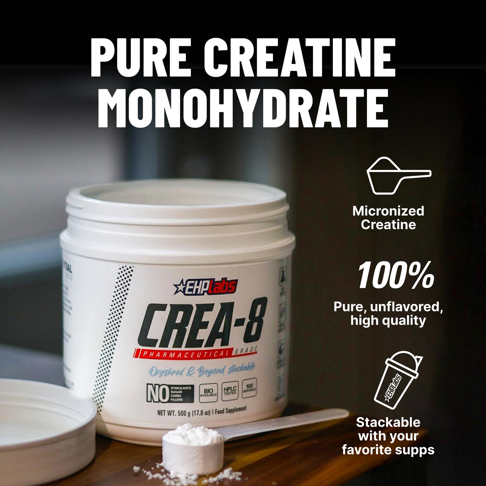 EHP Labs CREA-8 Micronized Creatine Monohydrate Powder - Unflavored Creatine Powder for Muscle Growth, Increased Strength, Enhanced Energy Output and Improved Performance - 100 Servings (500g) EHP Labs Au supplements