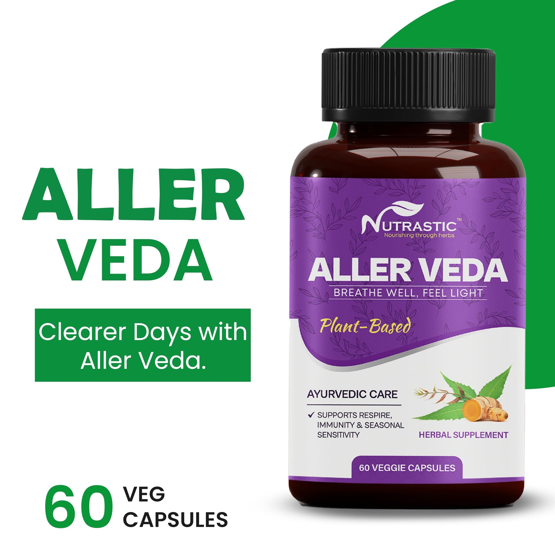 Nutrastic Aller Veda Respiratory Wellness Supplement with Pure Tulsi, Amla, Turmeric, and Neem | Natural Support for Healthy Breathing | 60 Caps Nutrastic Au supplements