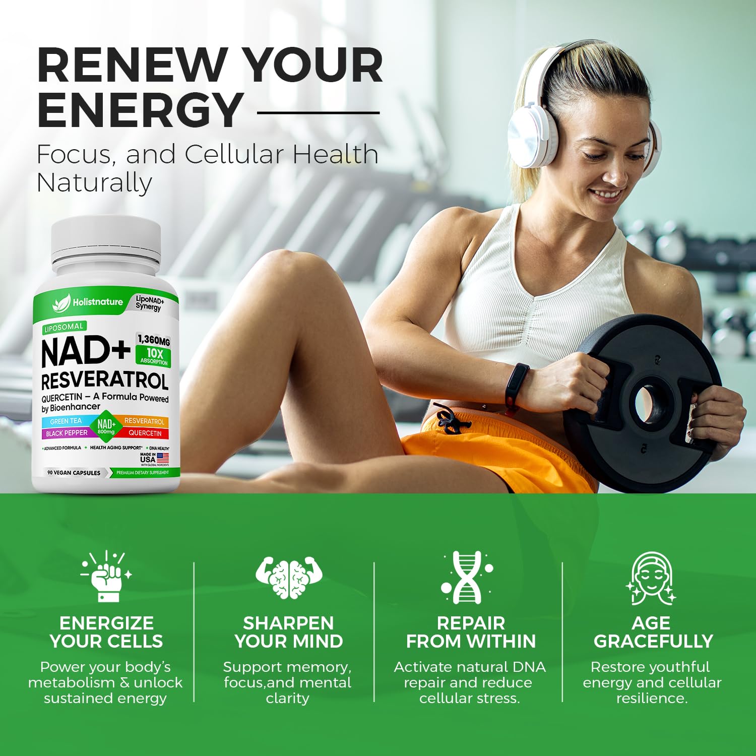 NAD+ Supplement, 1,360mg Max Strength Liposomal | Resveratrol, Quercetin, Green Tea | Cellular Energy & Healthy Aging for Men & Women | 800mg of 100% High Purity NAD+ for Energy, Focus - 90 Capsules Holistnature Au supplements