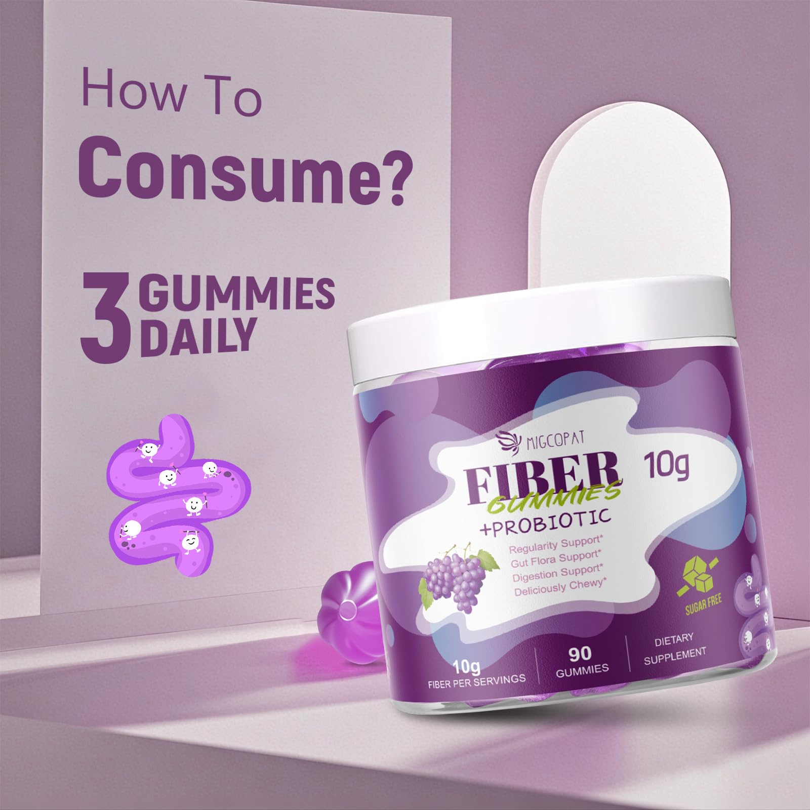 Migcopat 10G Fiber Gummies for Adults, No Sugar Added Grape Flavor, Fiber Supplement with 30 Billion CFU Probiotics Blend, ACV, Vitamin C, Inulin, Support Digestive Health, 90 Count Migcopat Au supplements