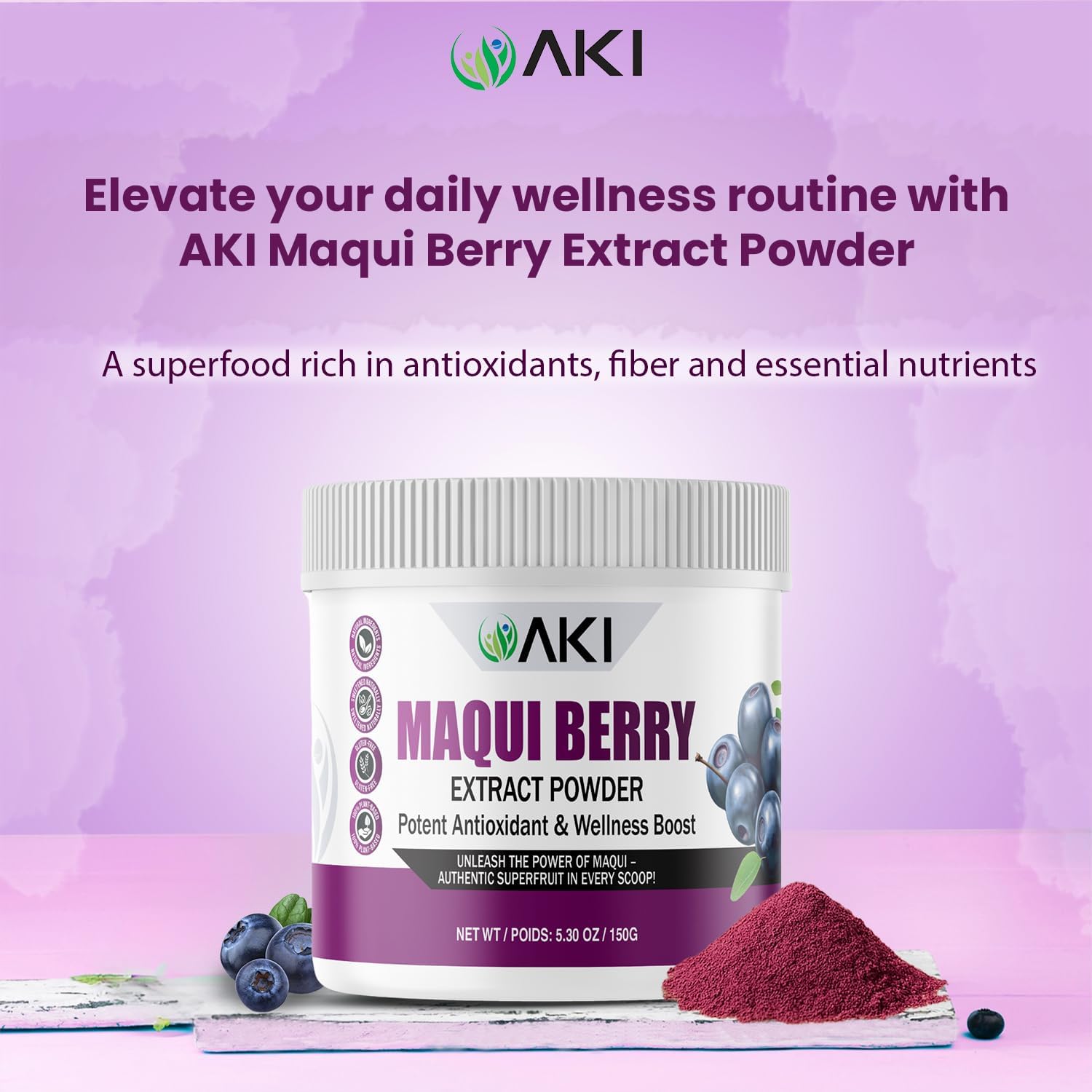AKI Maqui Berry Extract Powder – Wild Harvested from Patagonia, High in Anthocyanins & Polyphenols, Freeze-Dried Superfruit for Smoothies, Non-GMO, Vegan, 150g/ 5.3 oz AKI ORGANIC Au supplements