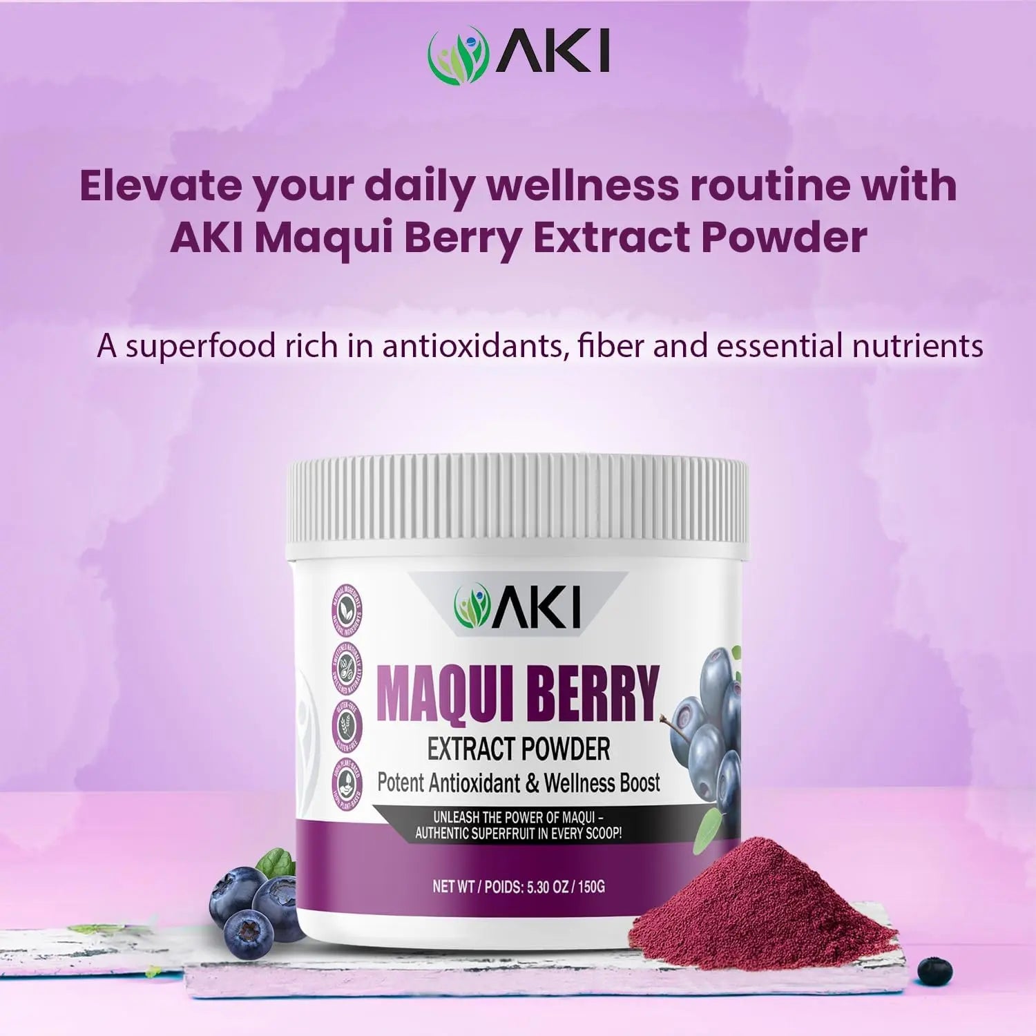AKI Maqui Berry Extract Powder – Wild Harvested from Patagonia, High in Anthocyanins & Polyphenols, Freeze-Dried Superfruit for Smoothies, Non-GMO, Vegan, 150g/ 5.3 oz AKI ORGANIC Au supplements