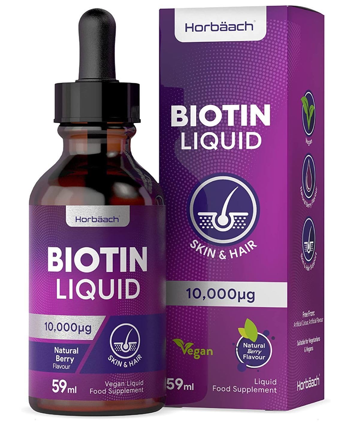 Biotin Liquid Drops for Hair & Skin Support | 10000 mcg Supplement | 59 ml Vitamin B7 Horbäach Au supplements