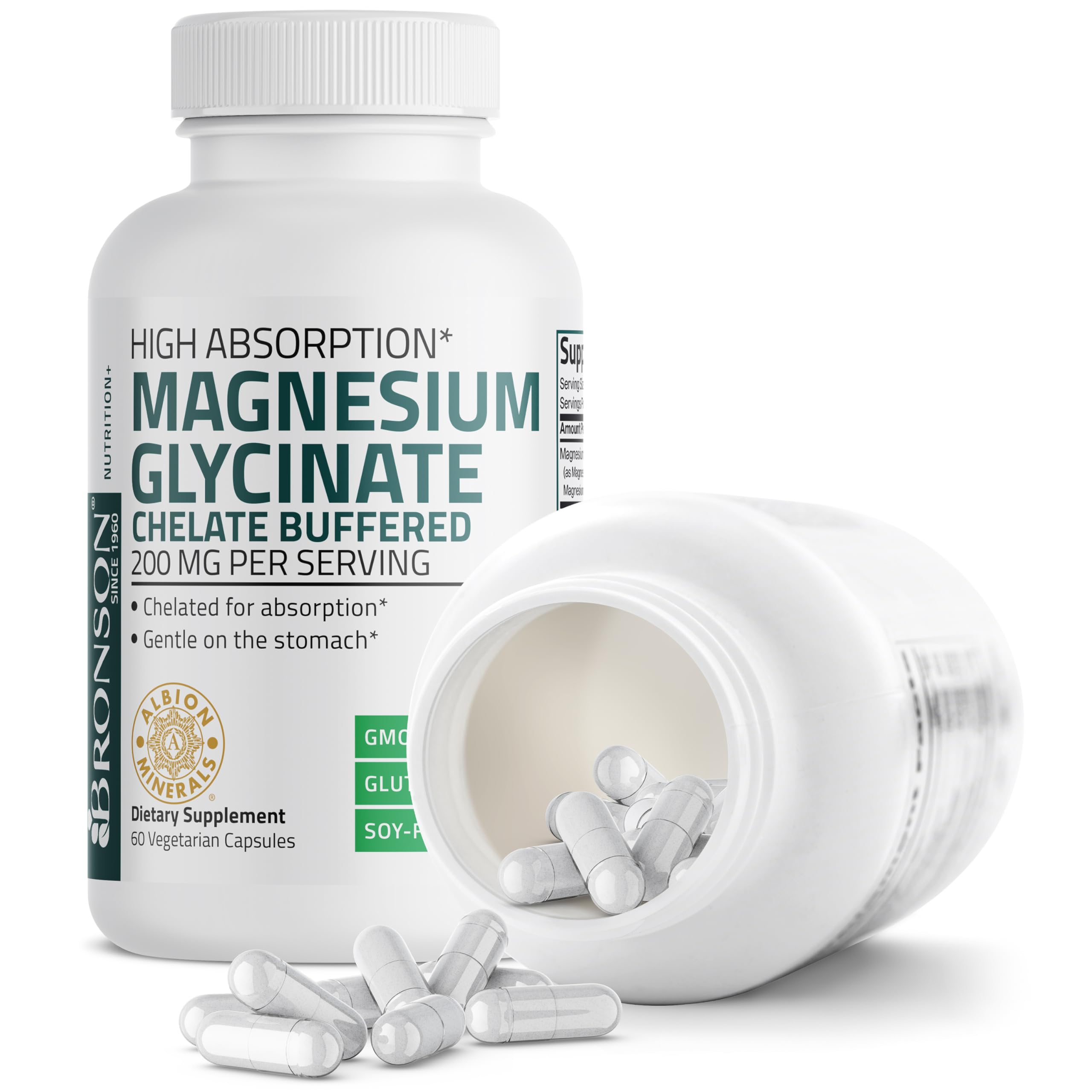 Bronson Magnesium Glycinate 200 MG per Serving Chelated for High Absorption, Gentle On Stomach, Non-GMO, 60 Vegetarian Capsules Bronson Au supplements