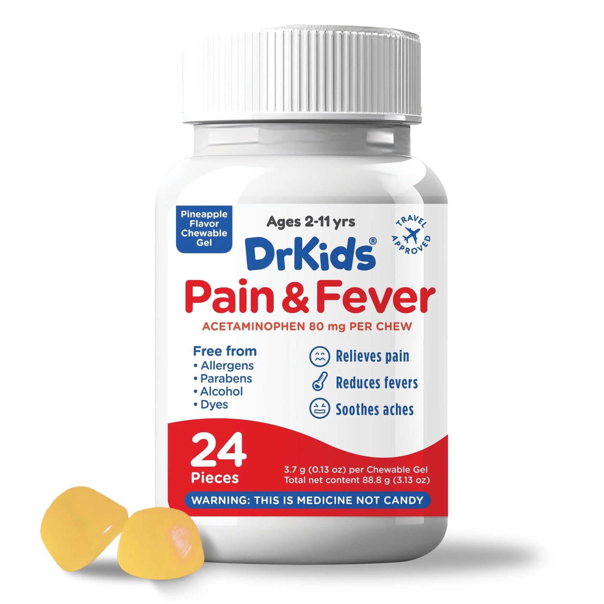 Dr. Kids Children’s Pain and Fever Chewable Gels – Pain Relief and Fever Reducer for Kids Ages 2–11, 80 mg Chewable Acetaminophen for Headache, Sore Throat, Cold & Flu, Pineapple Flavor, 24 Count Dr. Kids Au supplements